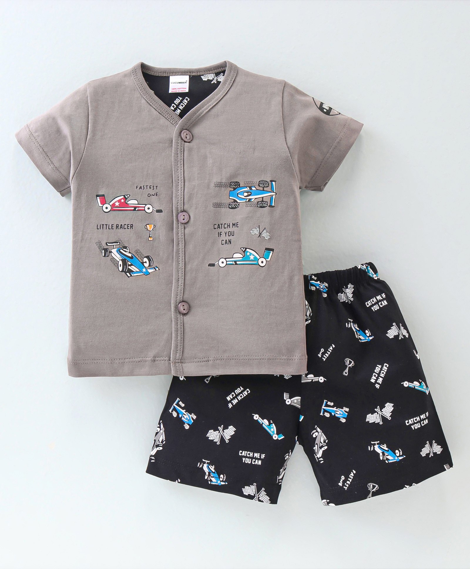 Cucumber Cotton Sinker Knit Half Sleeves Night Suit with F1 Formula Car Print - Grey-picture-9