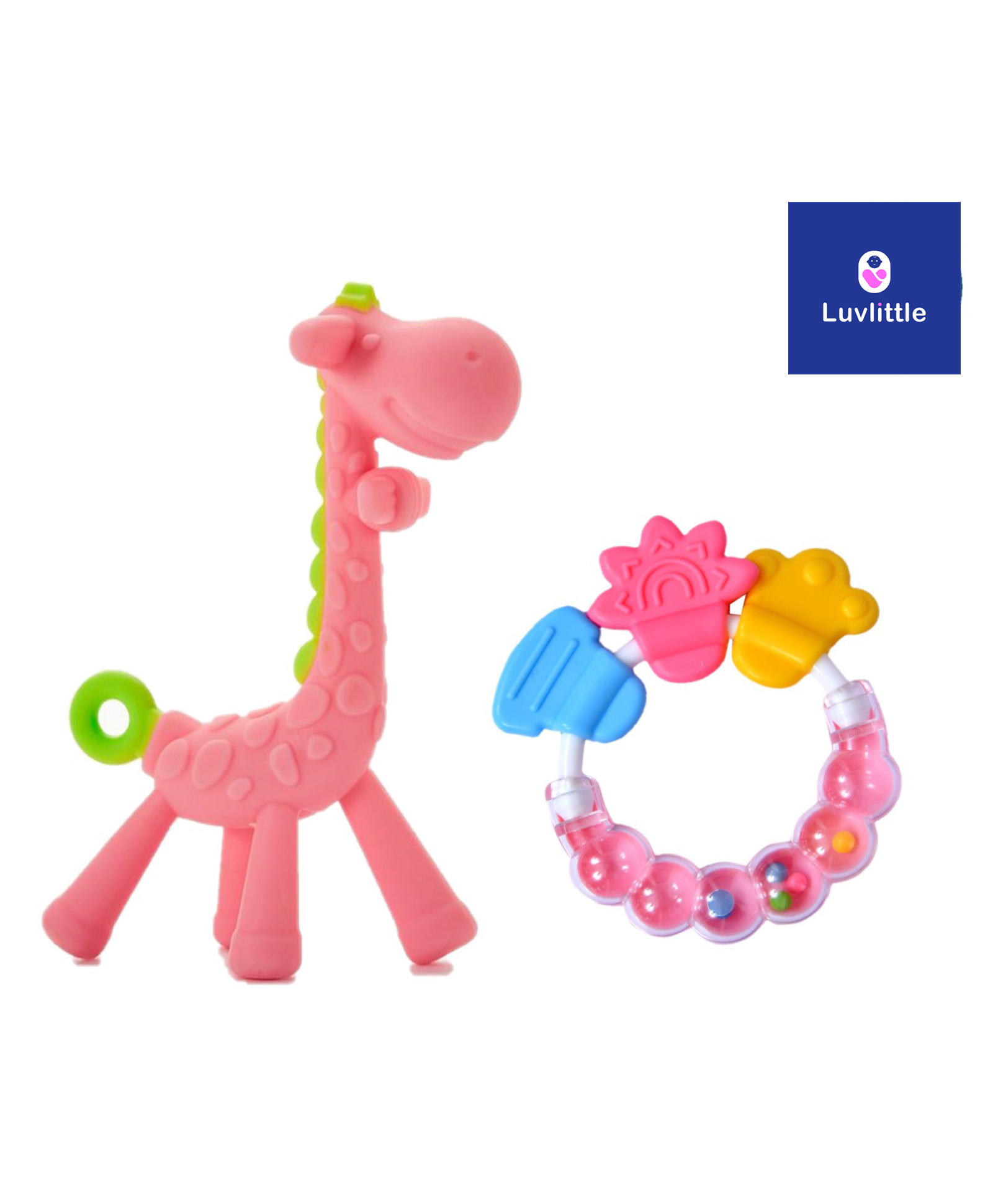 Luvlittle Silicone Combo Of Giraffe Shape & Rattle Handle Teethers - Pink-image-5