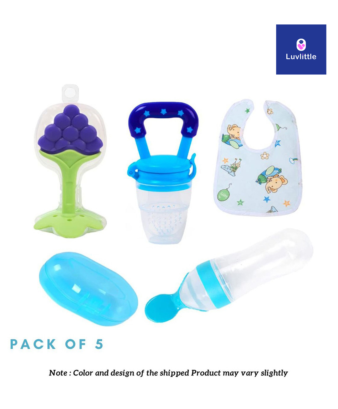 Luvlittle Baby Fruit Feeder Pacifier Silicone Baby Food Dispensing Spoon 90 ml Fruit Teether Finger Brush & Baby Bib - Blue-image-32