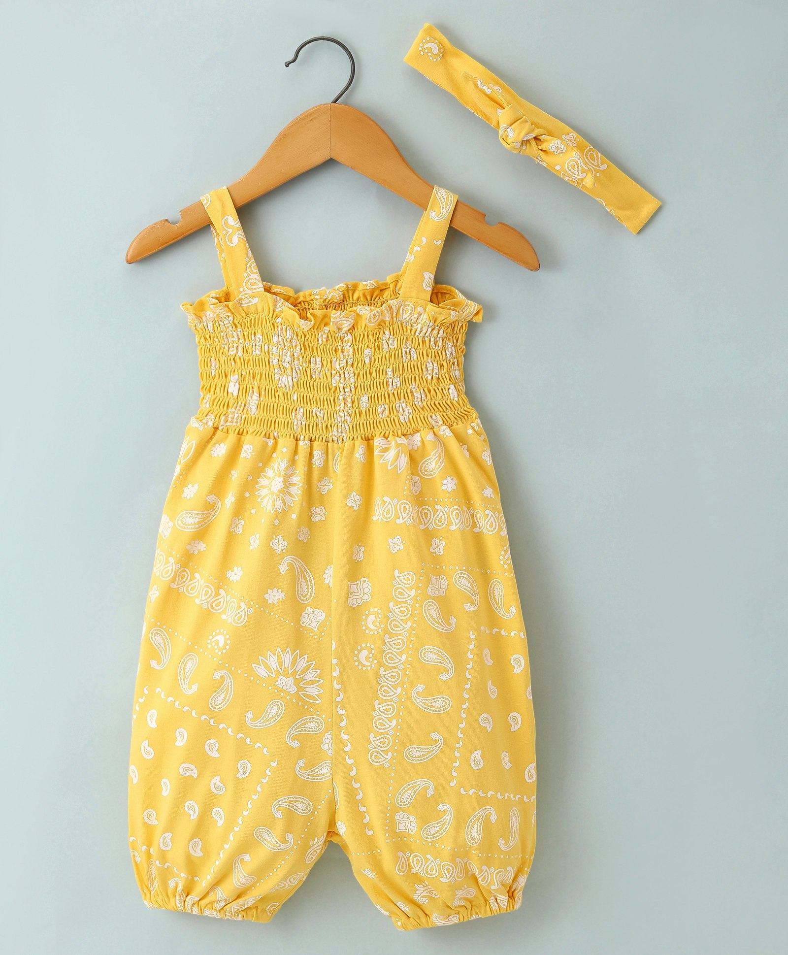 Little Kangaroos Cotton Sleeveless Ajrakh Printed Singlet Jumpsuit with Headband - Mango Yellow-picture-32