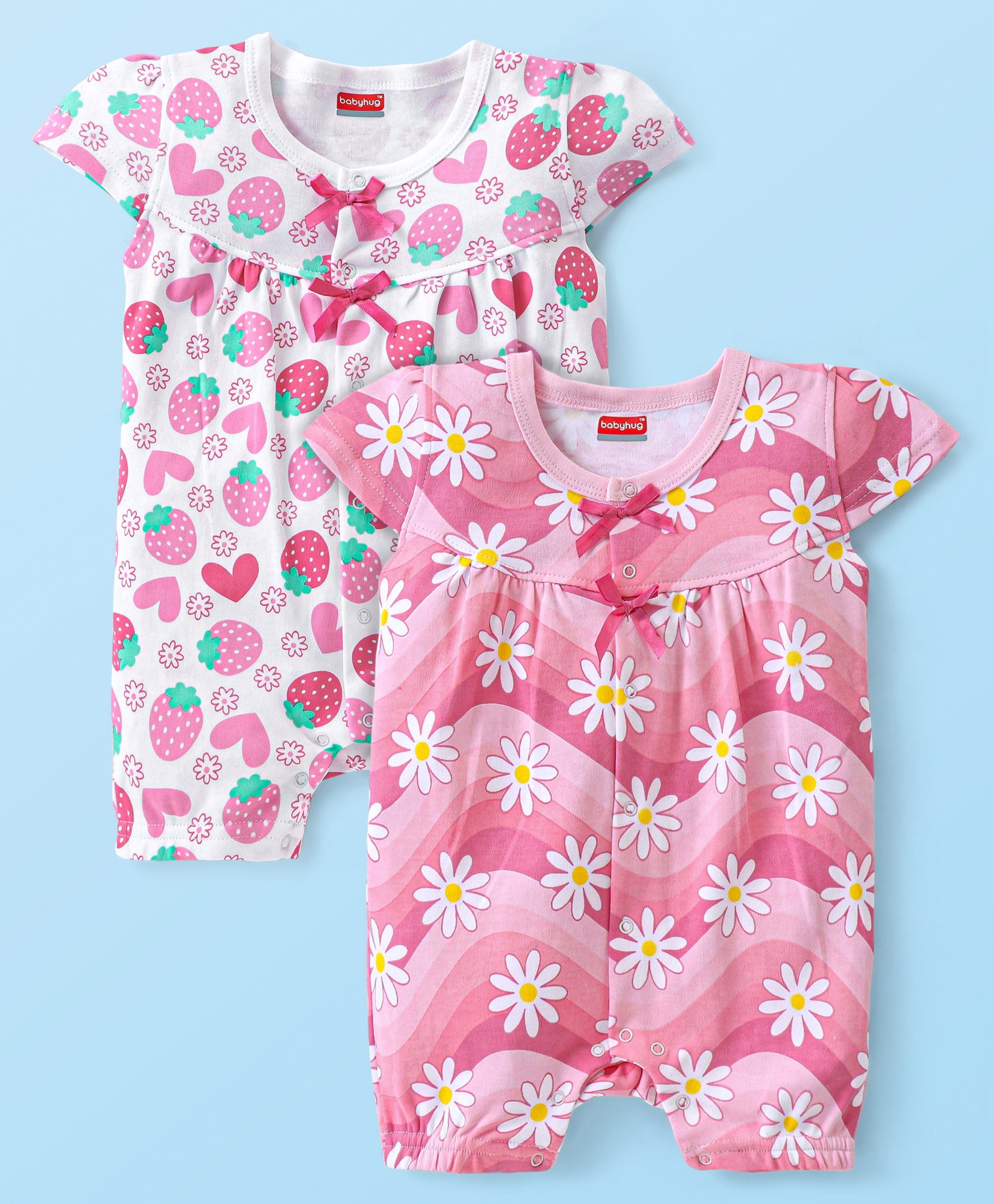 Babyhug 100% Cotton Knit Cap Sleeves Rompers Floral & Fruity Print Pack of 2 - Multicolour-image-35