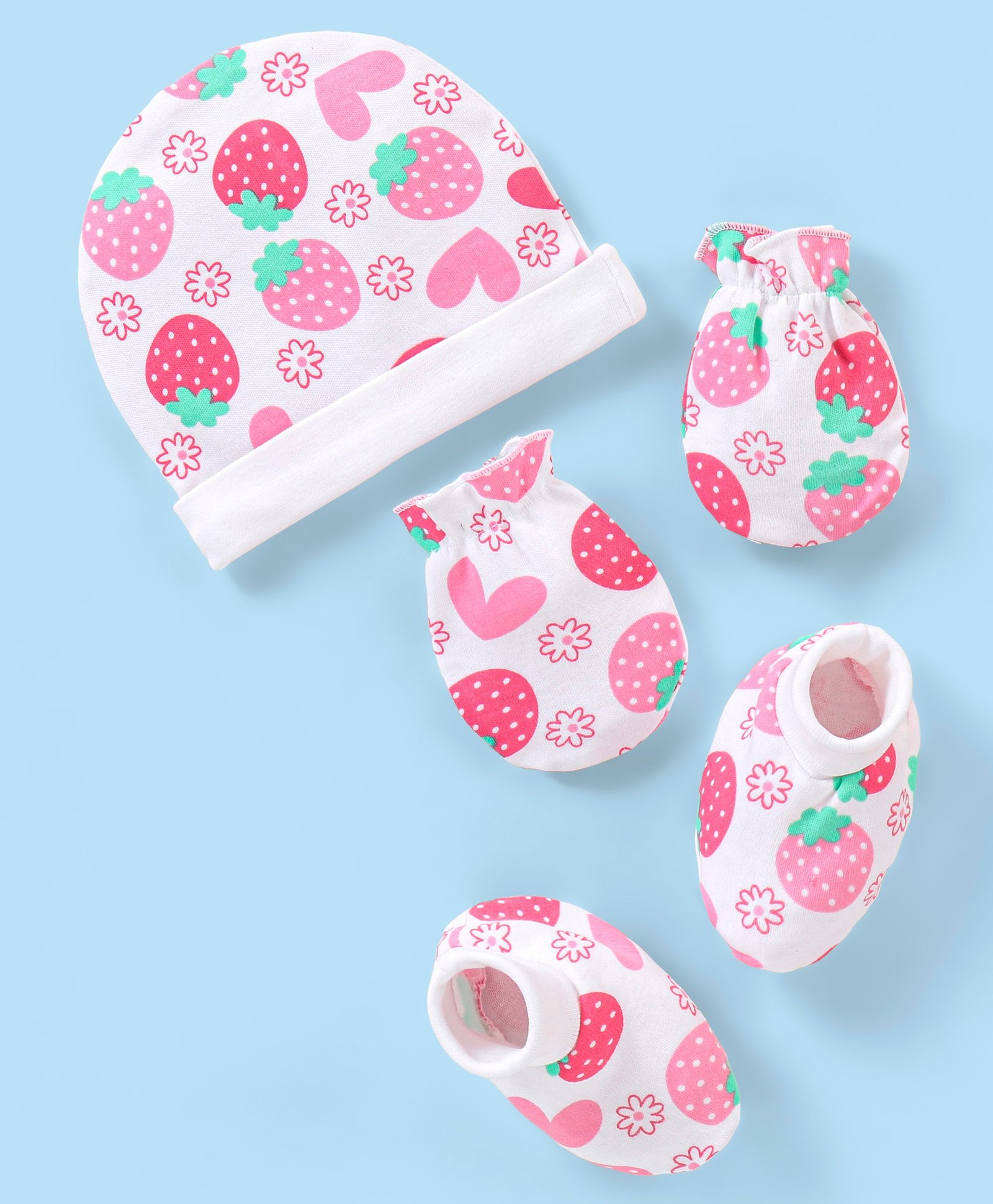Babyhug 100% Cotton Knit Cap Mittens & Booties Set Fruity Print - White & Pink-picture-11
