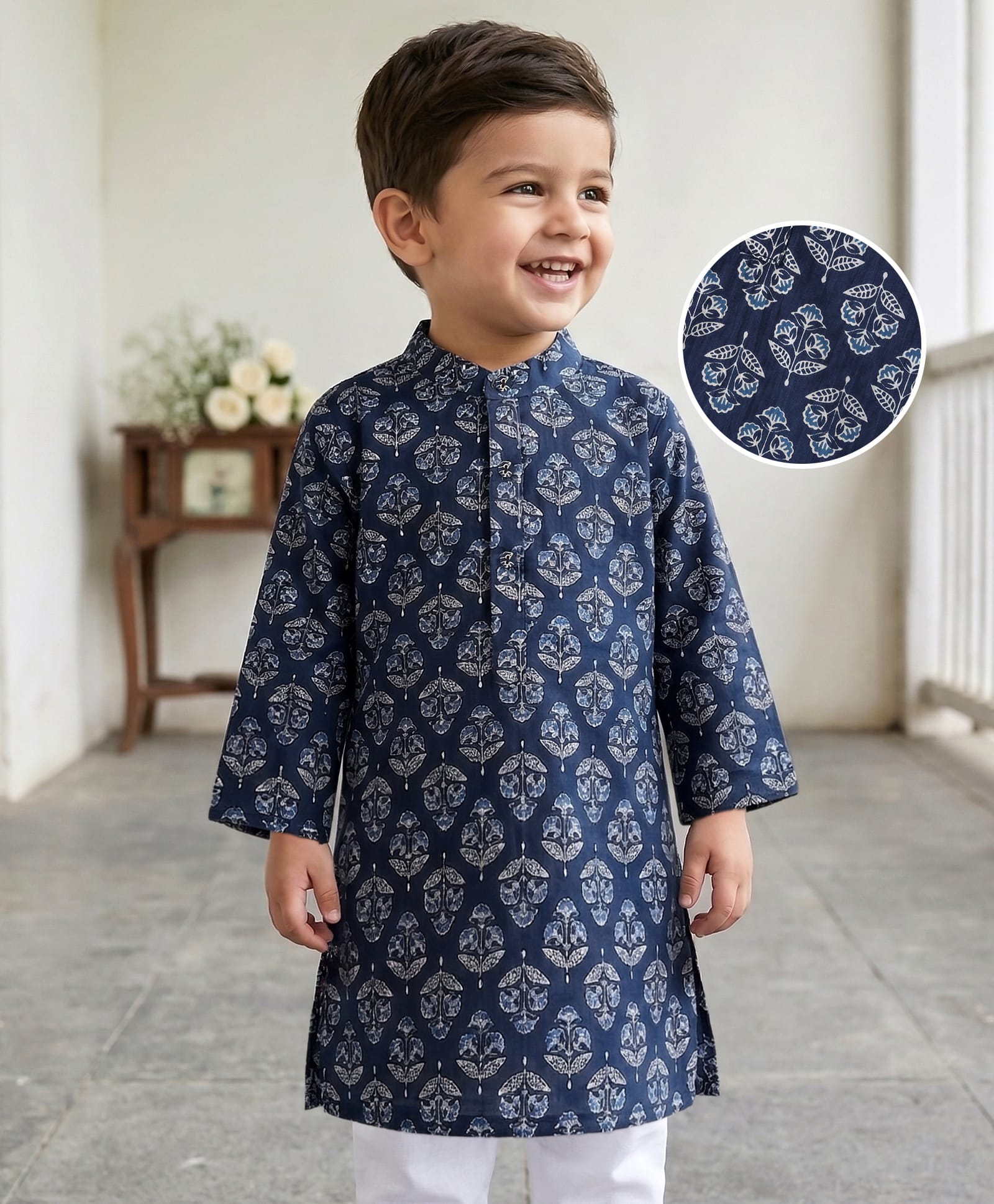 Babyhug 100% Cotton Woven Full Sleeves Kurta with Floral Print- Indigo-picture-29
