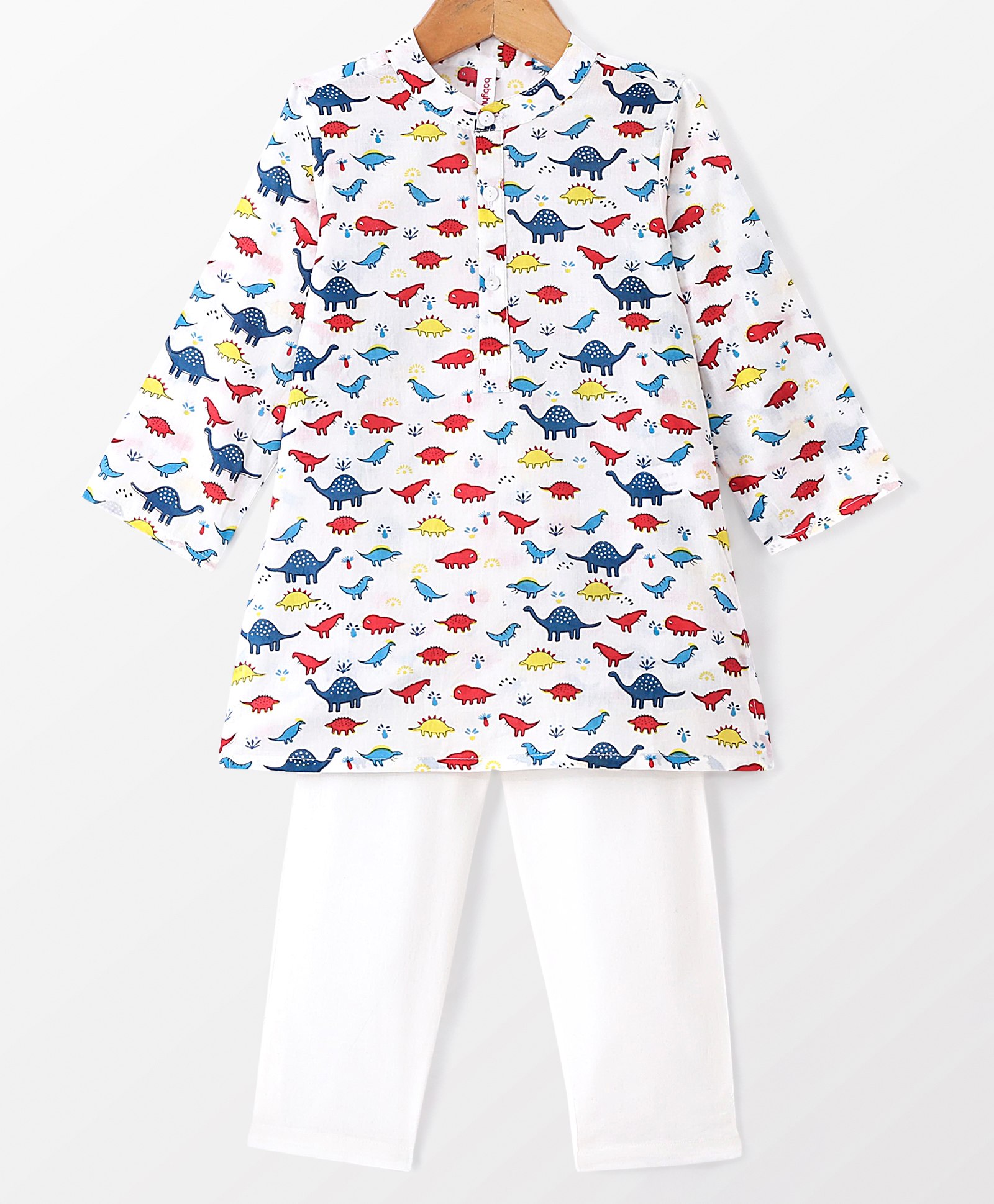 Babyhug 100% Cotton Woven Kurta & Pyjama Set With Dino Print - White-image-20