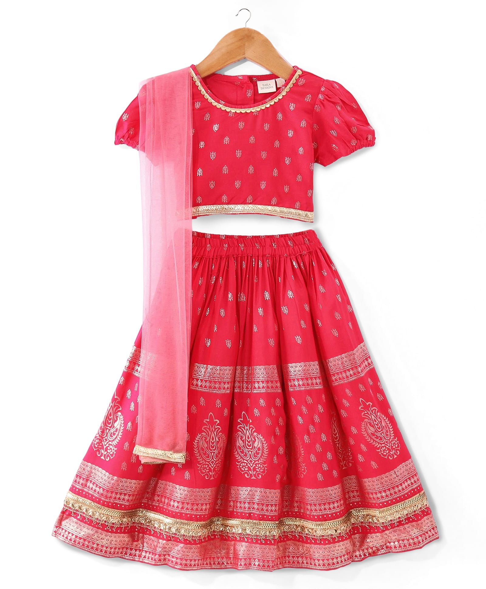Saka Designs Rayon Woven Half Sleeves Choli Lahenga Dupatta Set With Foil Print - Dark Peach & Gold-picture-14
