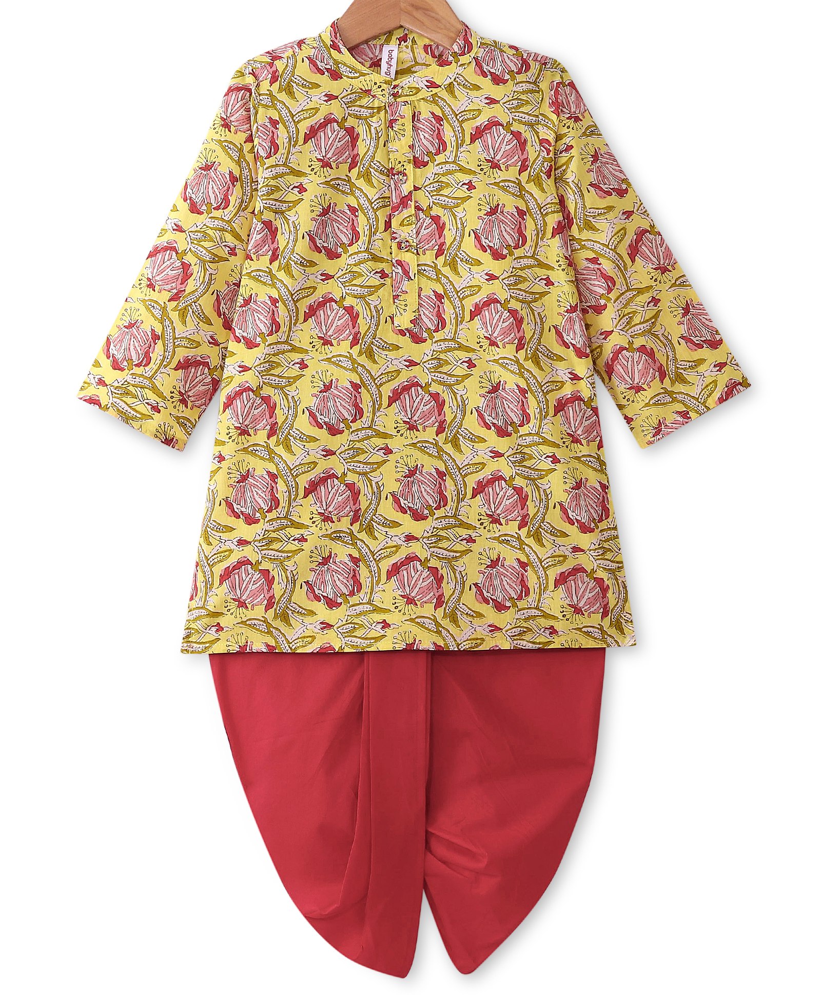 Babyhug 100% Cotton Woven Full Sleeves Floral Printed Kurta Dhoti Set- Lime Yellow-picture-28