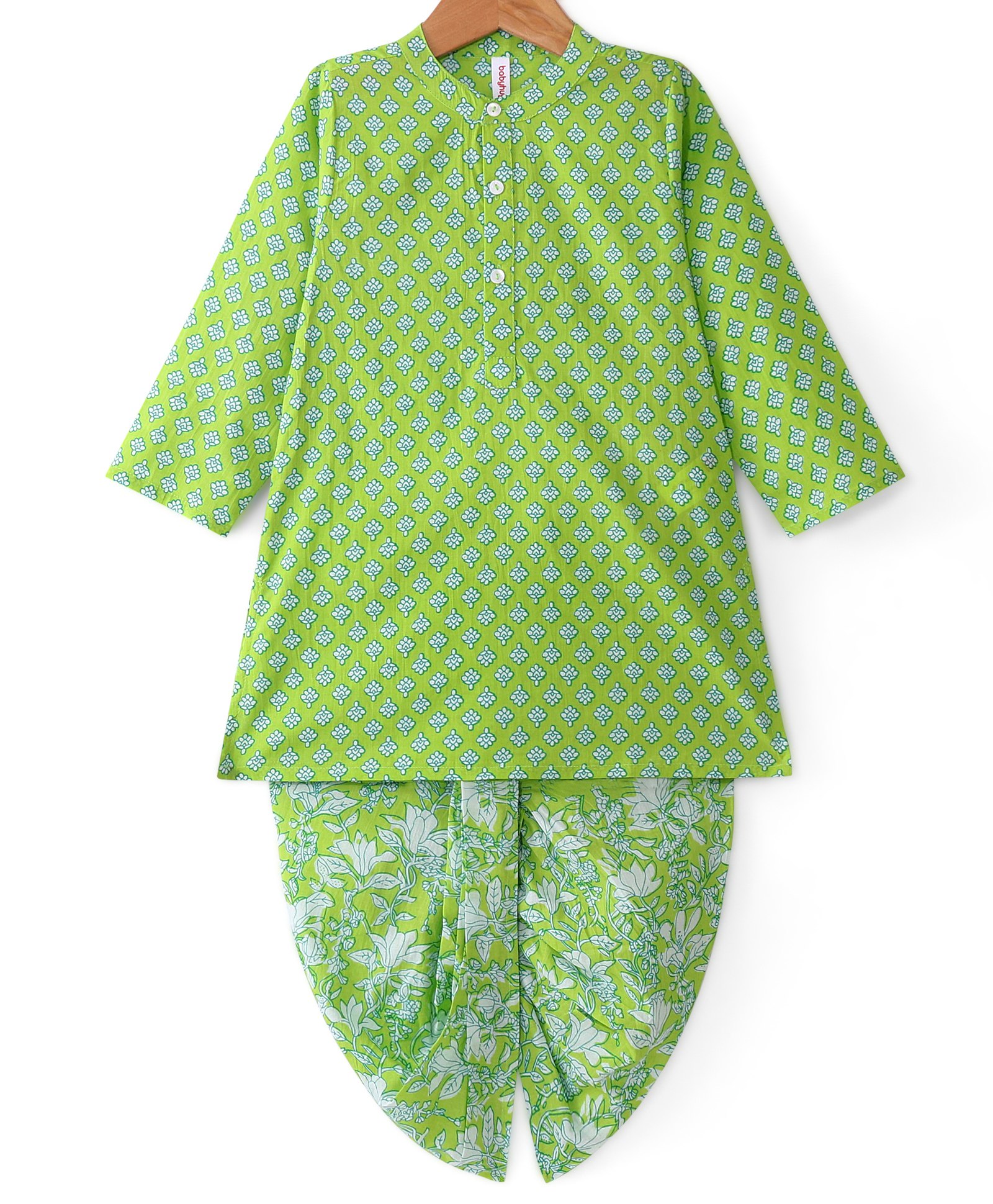 Babyhug 100% Cotton Woven Full Sleeves Floral Printed Kurta Dhoti Set- Green-picture-22