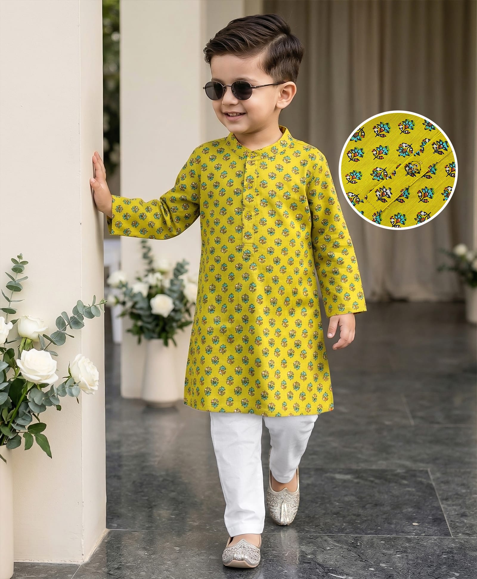 Babyhug Cotton Full Sleeves Kurta Pyjama Set Floral Print - Lime Yellow-picture-34