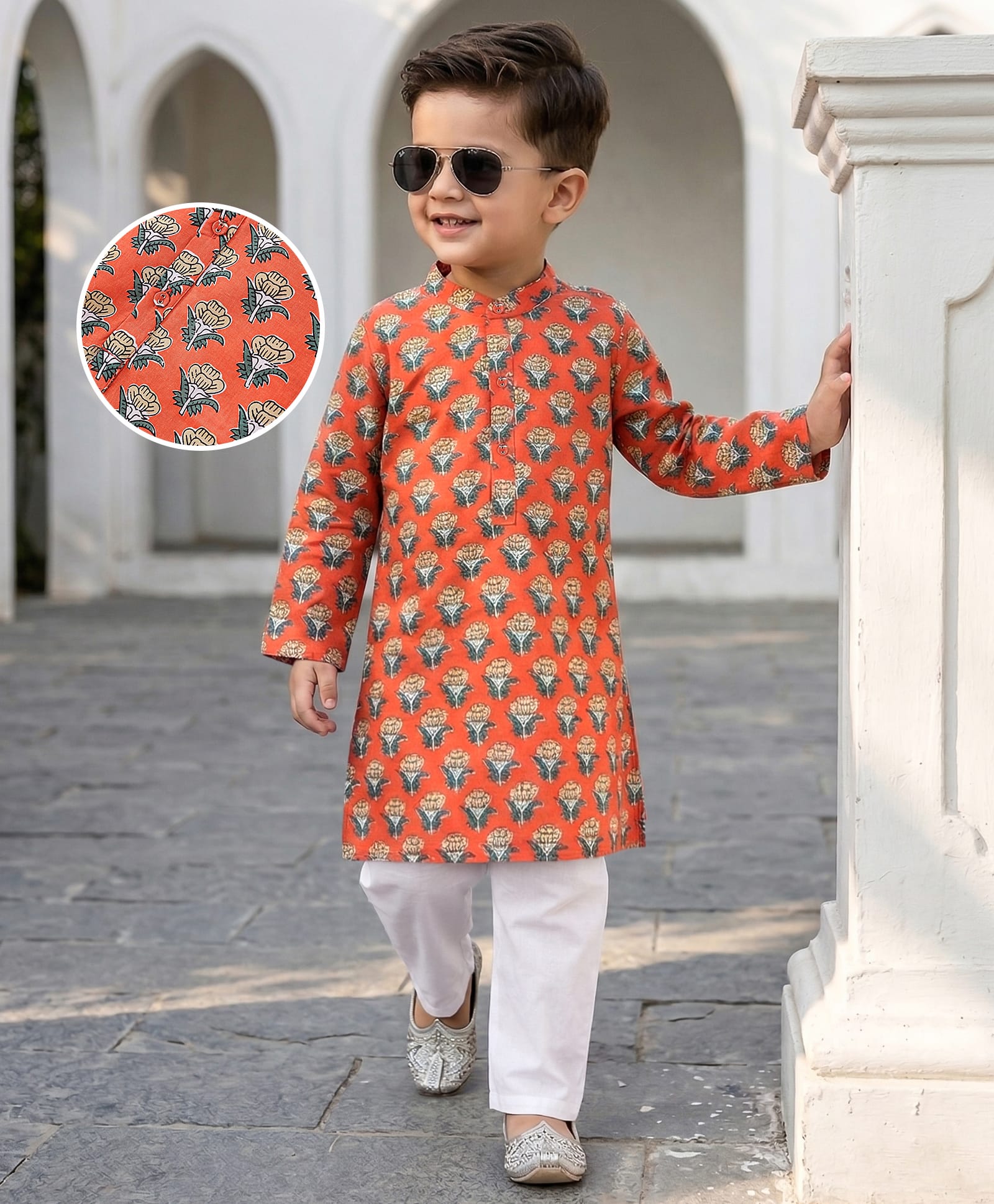 Babyhug Cotton Woven  Full Sleeves Floral Printed Kurta Pyjama Set - Orange-image-42