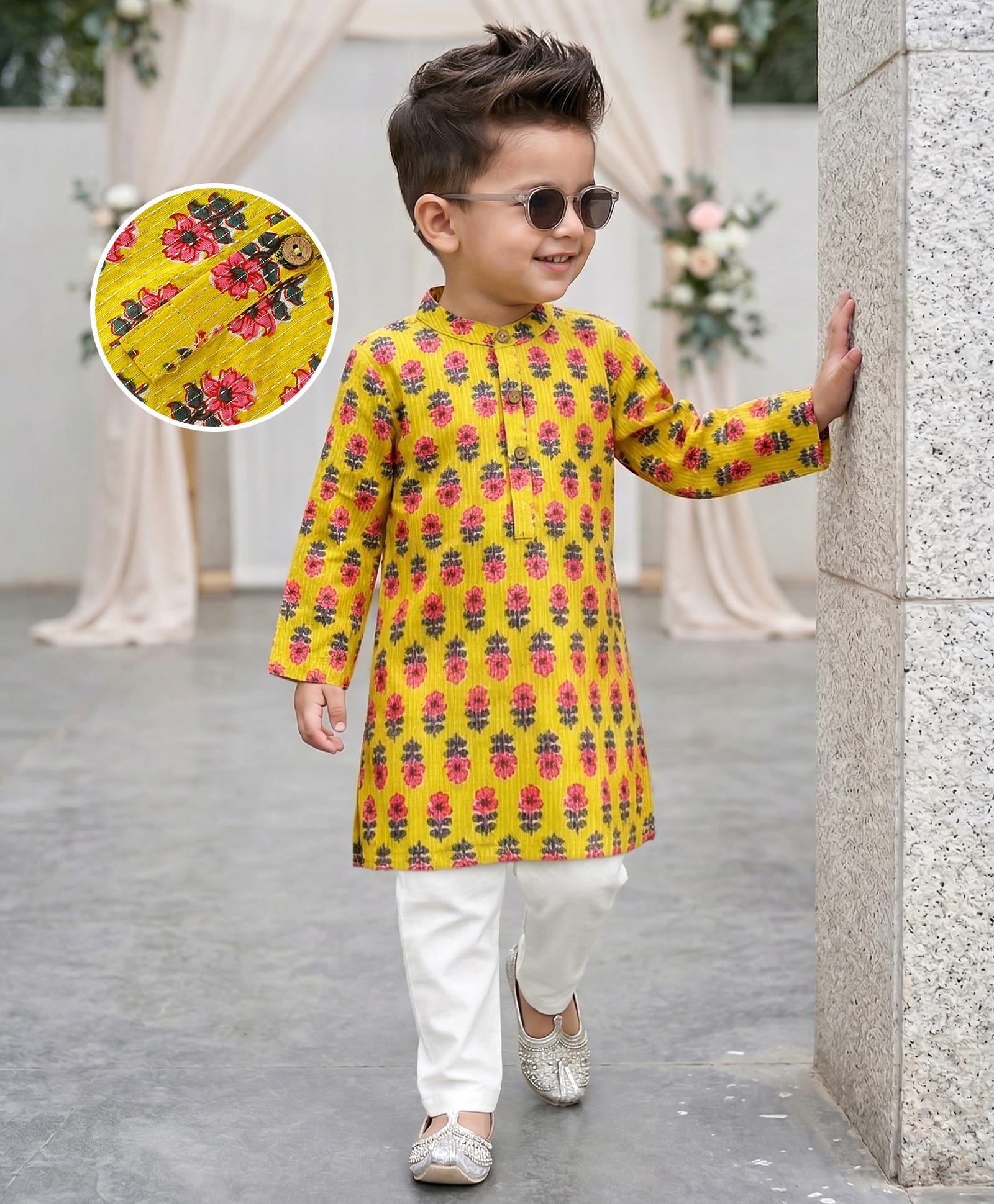 Babyhug Cotton Full Sleeves Kurta Pyjama Set Floral Print - Yellow-picture-36
