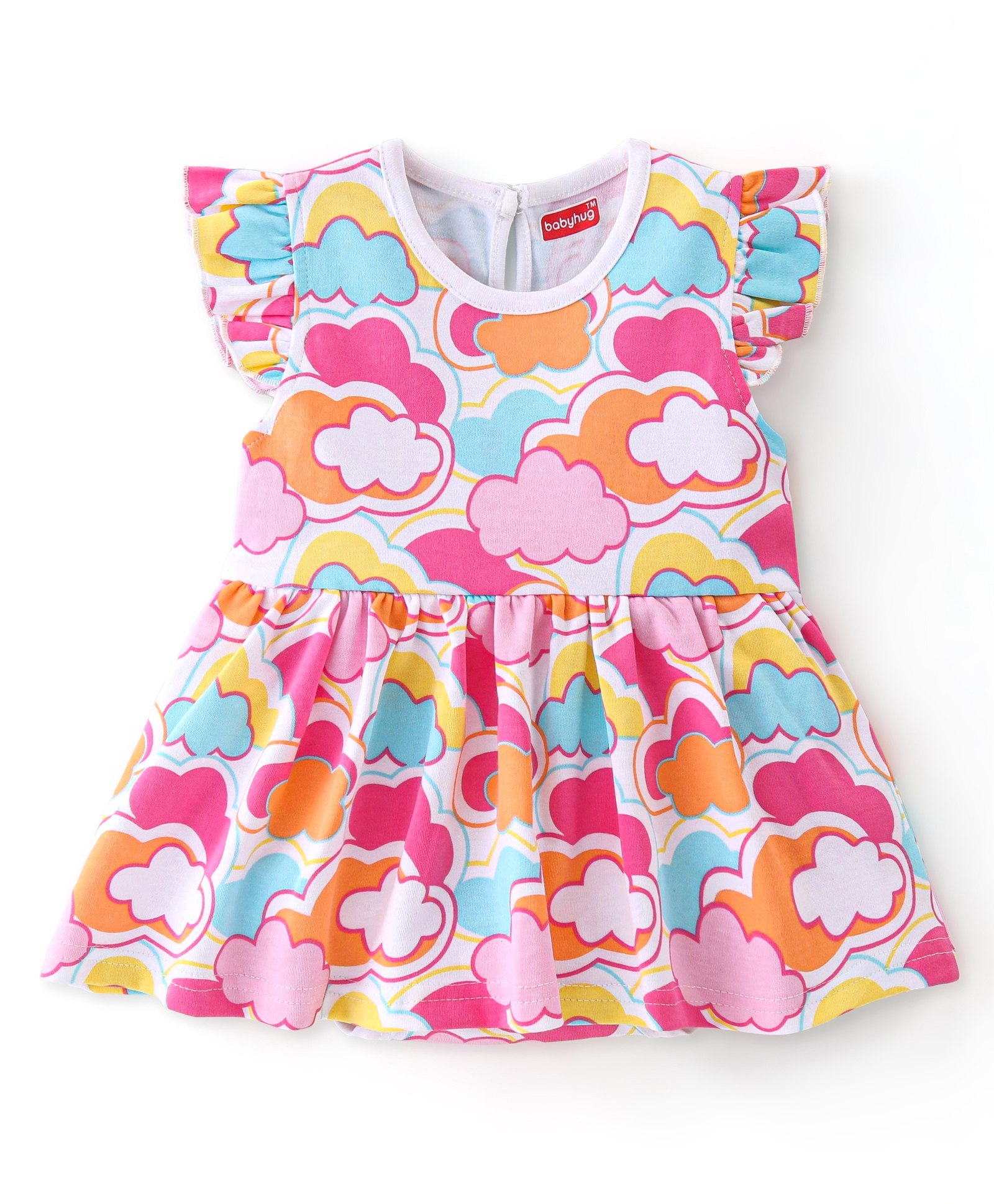 Babyhug 100% Cotton Frill Sleeves  Frock Style Onesie Cloud Print - Pink-image-15
