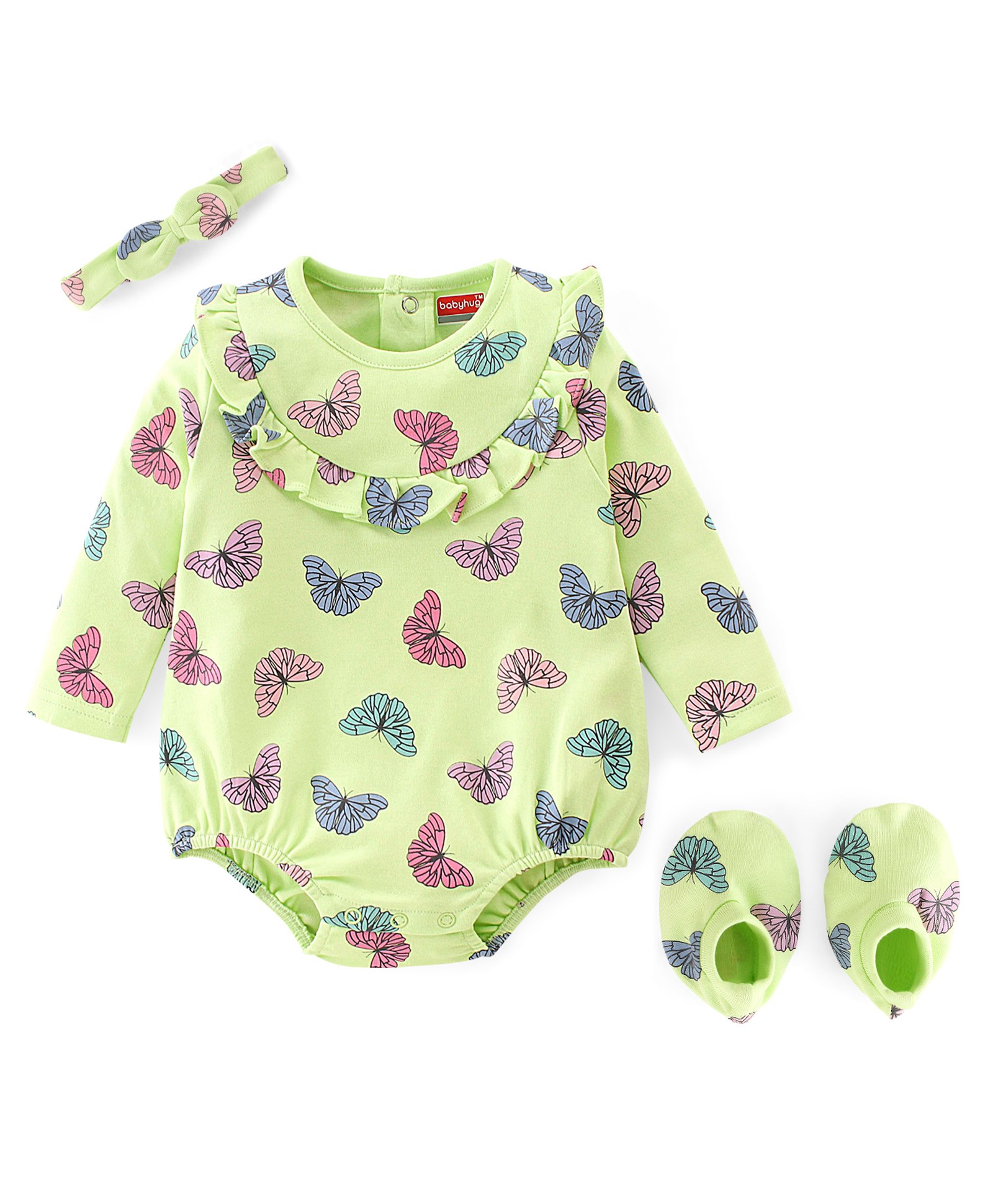 Babyhug 100% Cotton Knit Full Sleeves Onesie with Hairband & Booties Butterfly Print - Green-picture-15