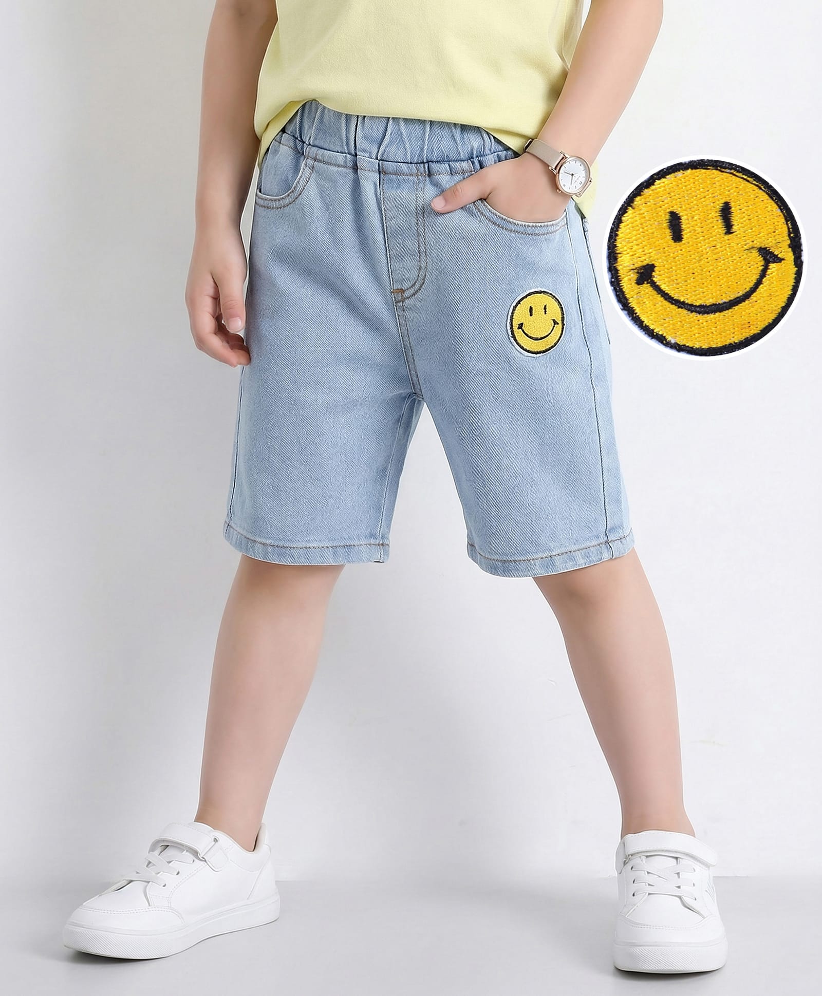 mark & mia Kookie Kids Knee Length Shorts With Emoji Patch Applique Detailing - Light Blue-picture-26