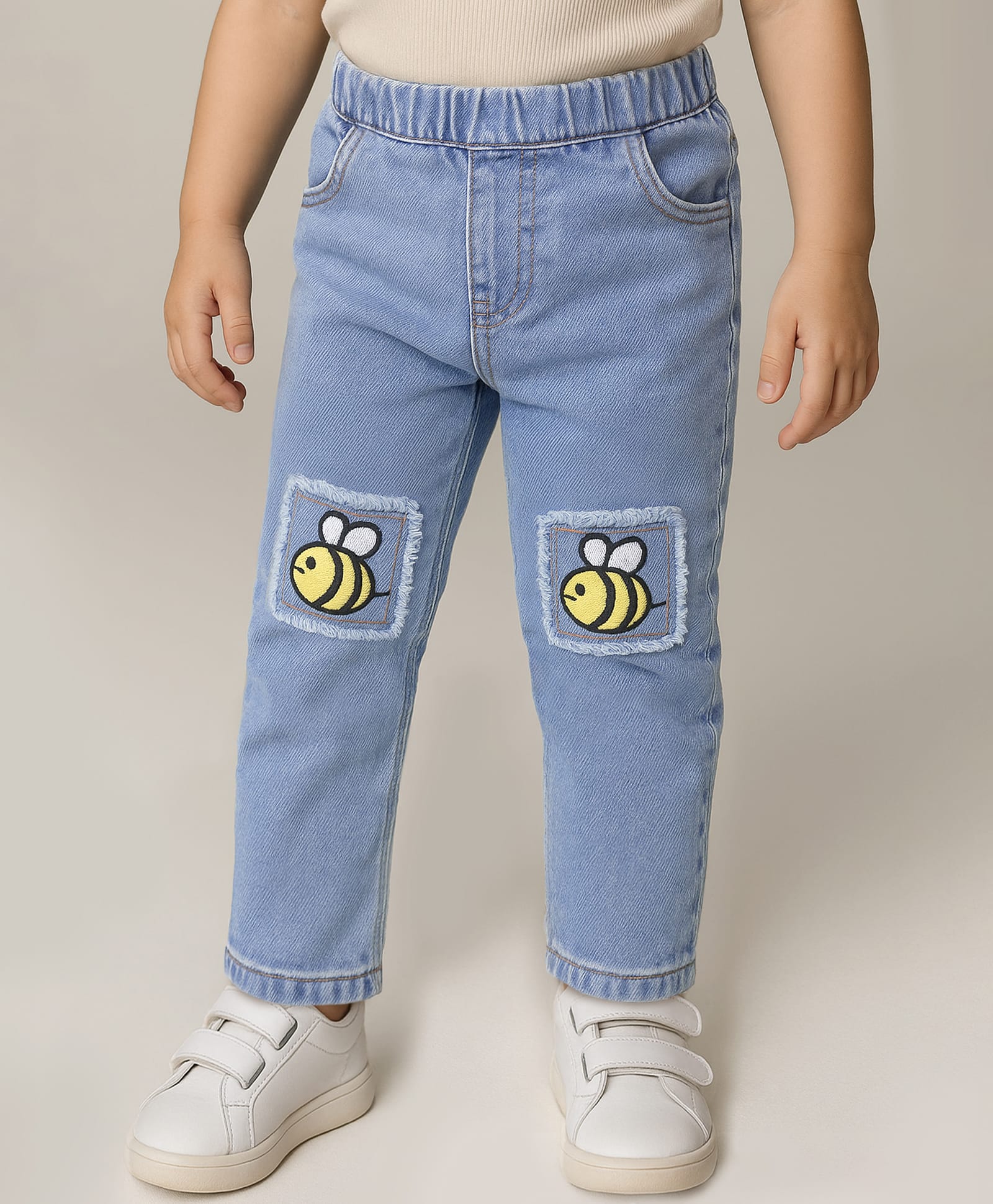 mark & mia Kookie Kids Cotton Lycra Full Length Denim Jeans with Honey Bee Embroidery Patch Detailing - Light Blue-picture-19