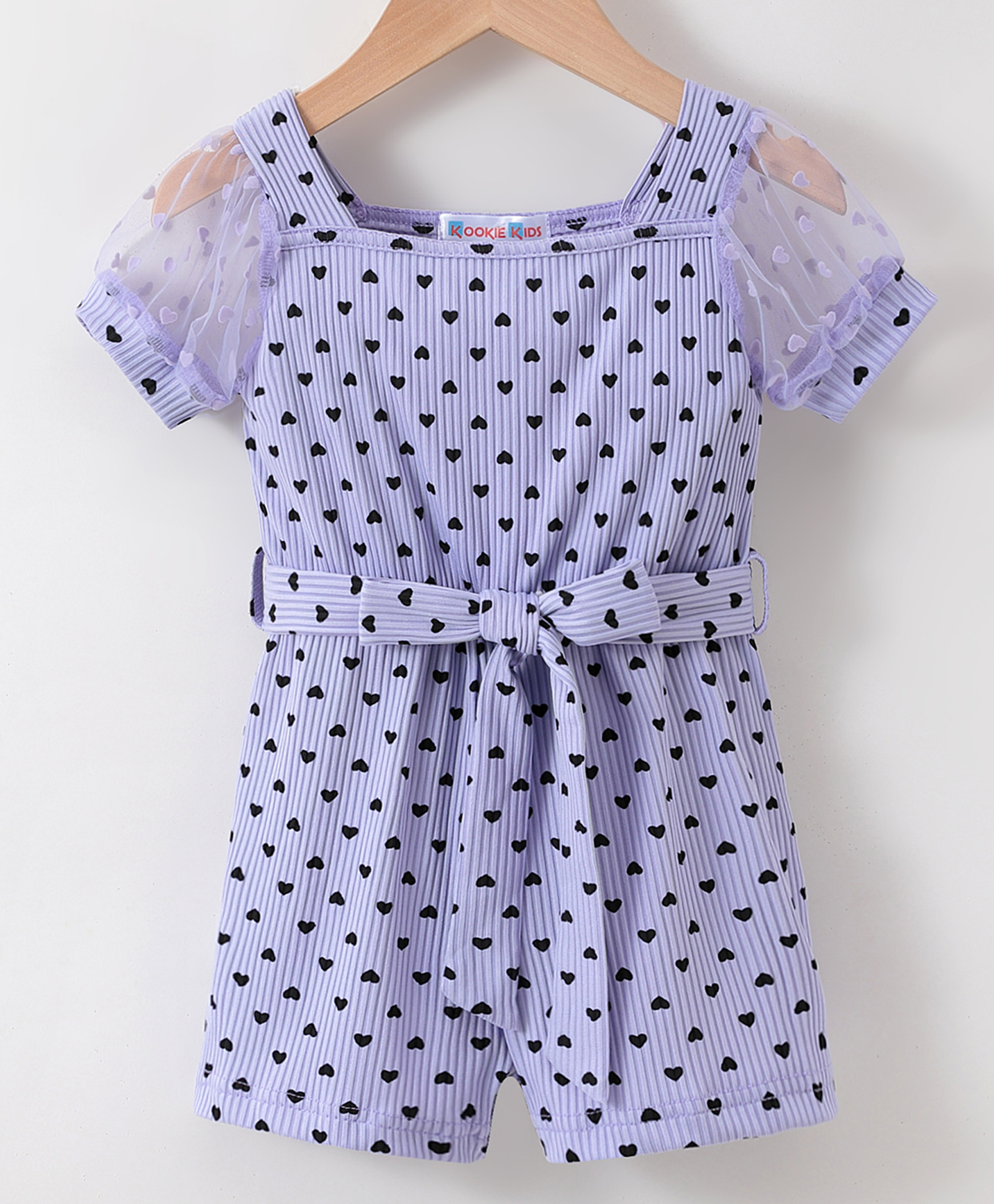 Kookie Kids Half Sleeves Jumpsuit with Heart Print - Purple-picture-17