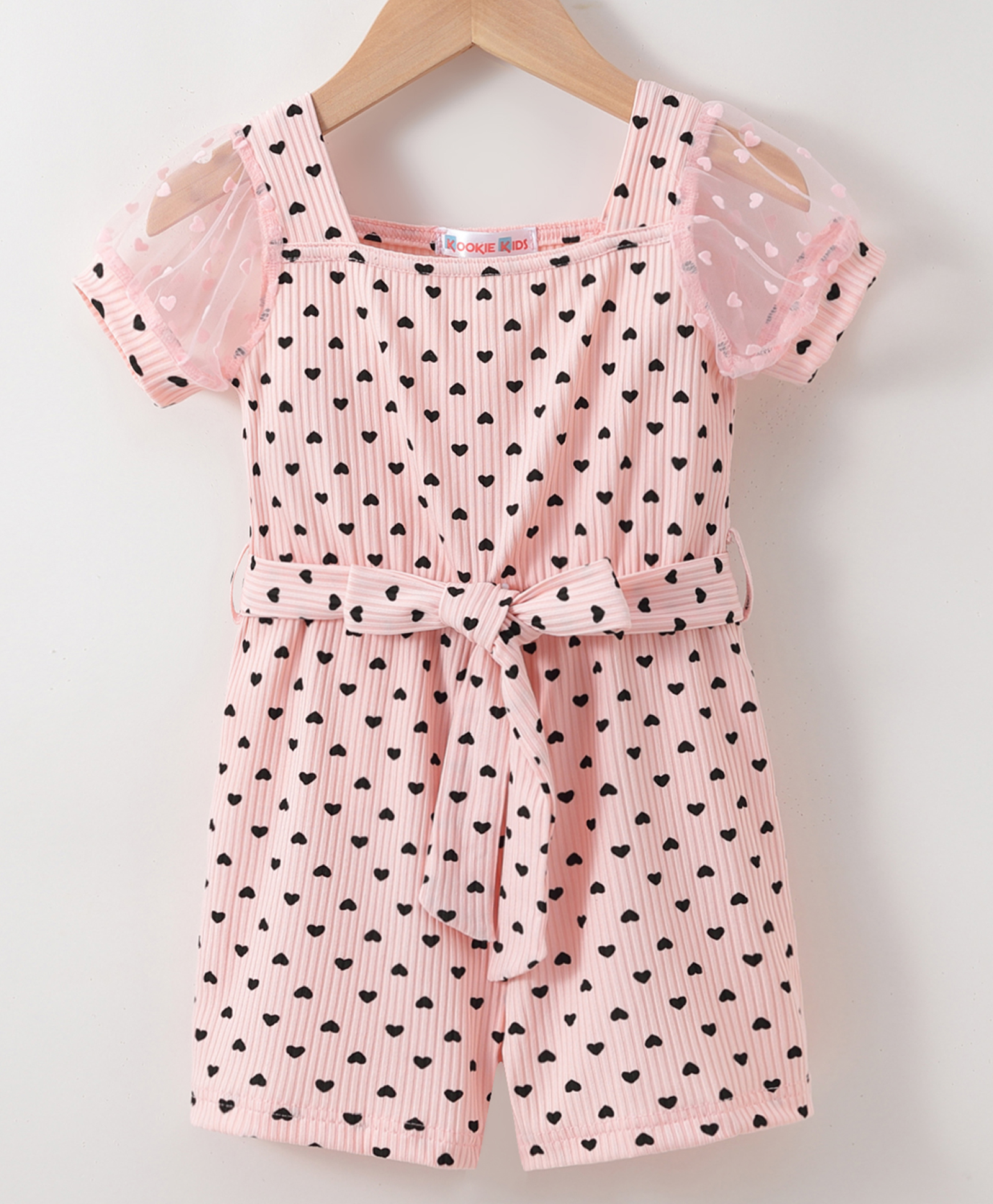 Kookie Kids Half Sleeves Jumpsuit with Heart Print - Pink-picture-10