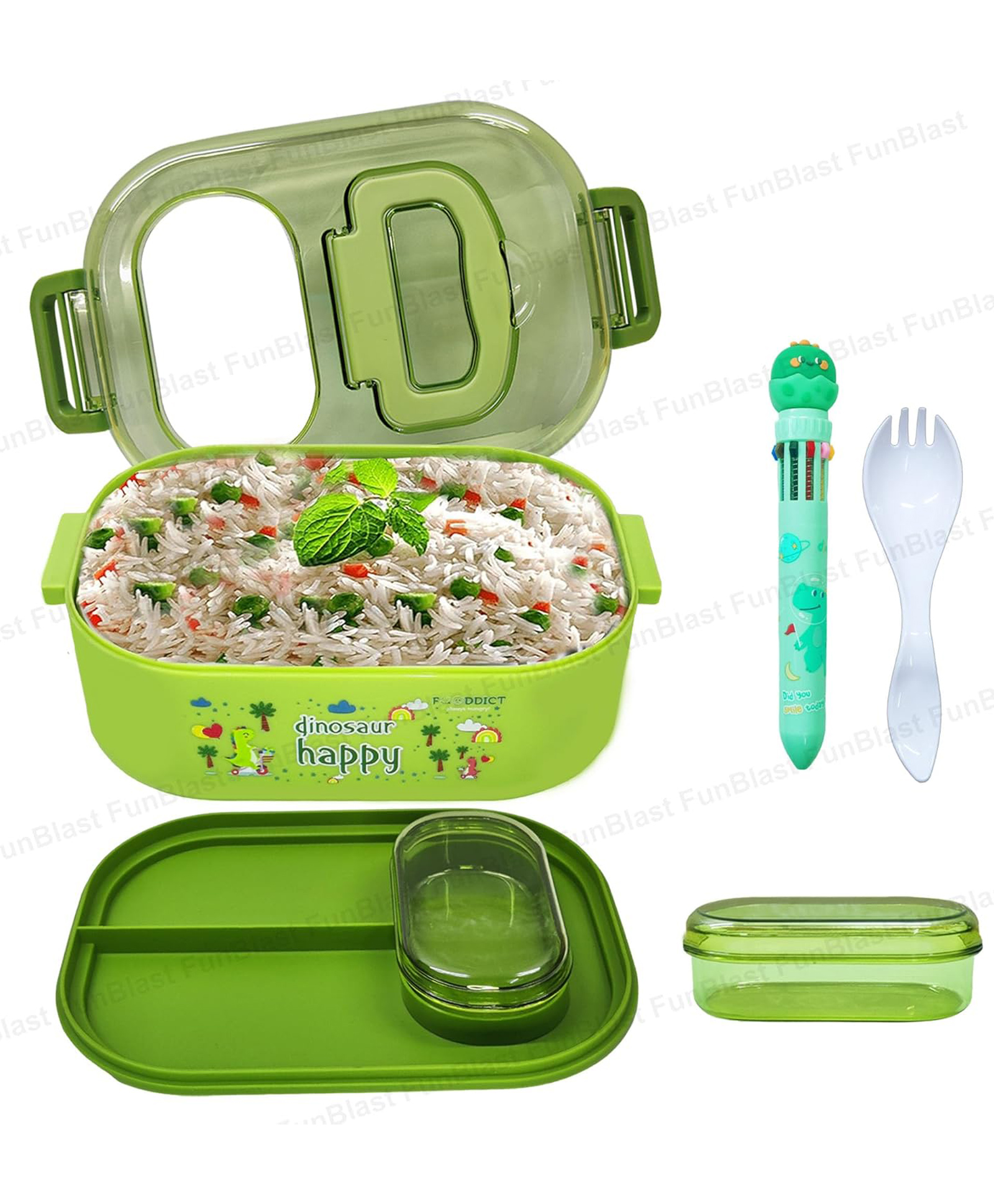 FunBlast Dinosaur Theme Lunch Box with Fork and 10 Color Ball Pen  Green-image-21
