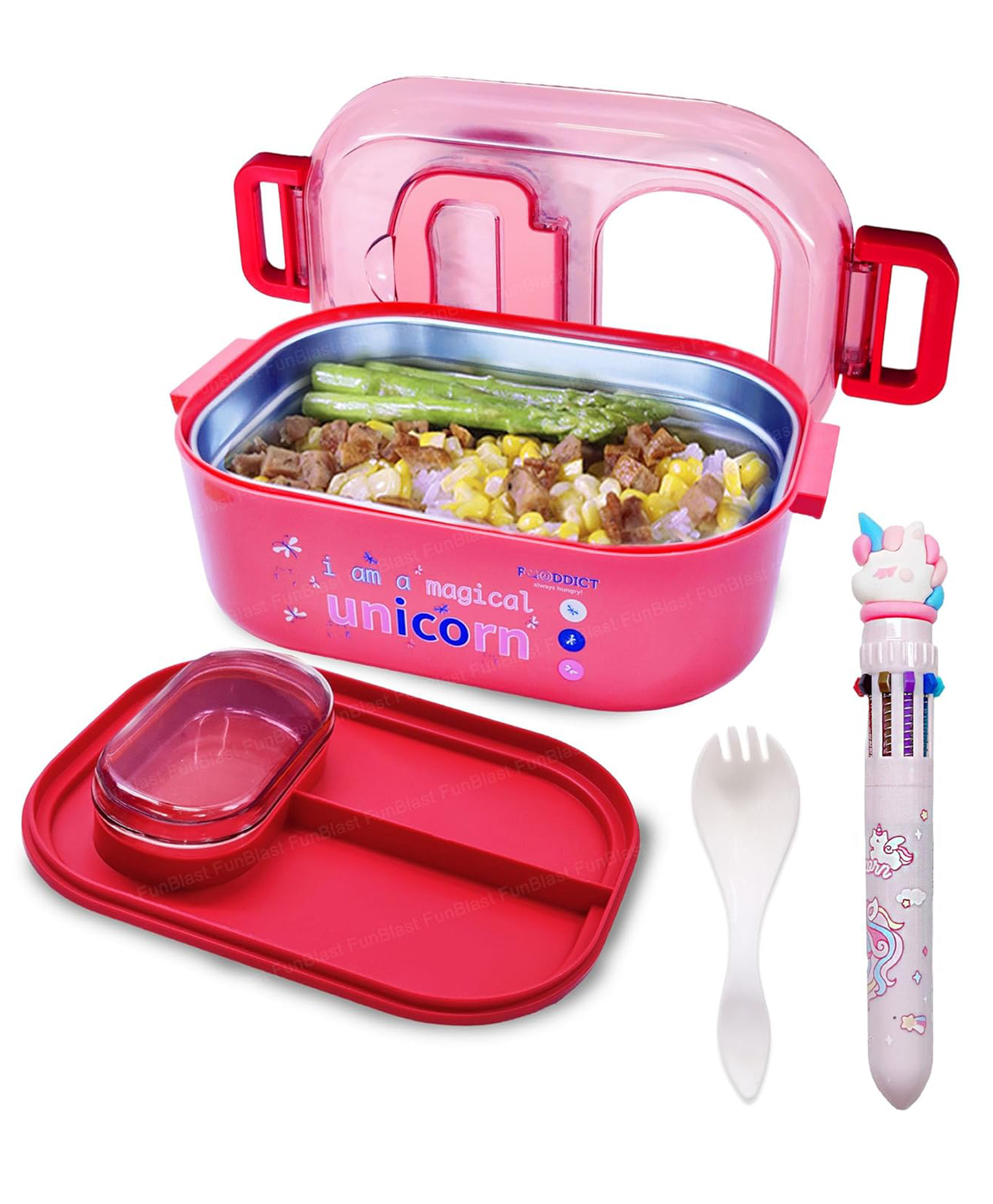 FunBlast Unicorn Theme Lunch Box with Fork and 10 Color Ball Pen  Maroon-picture-25