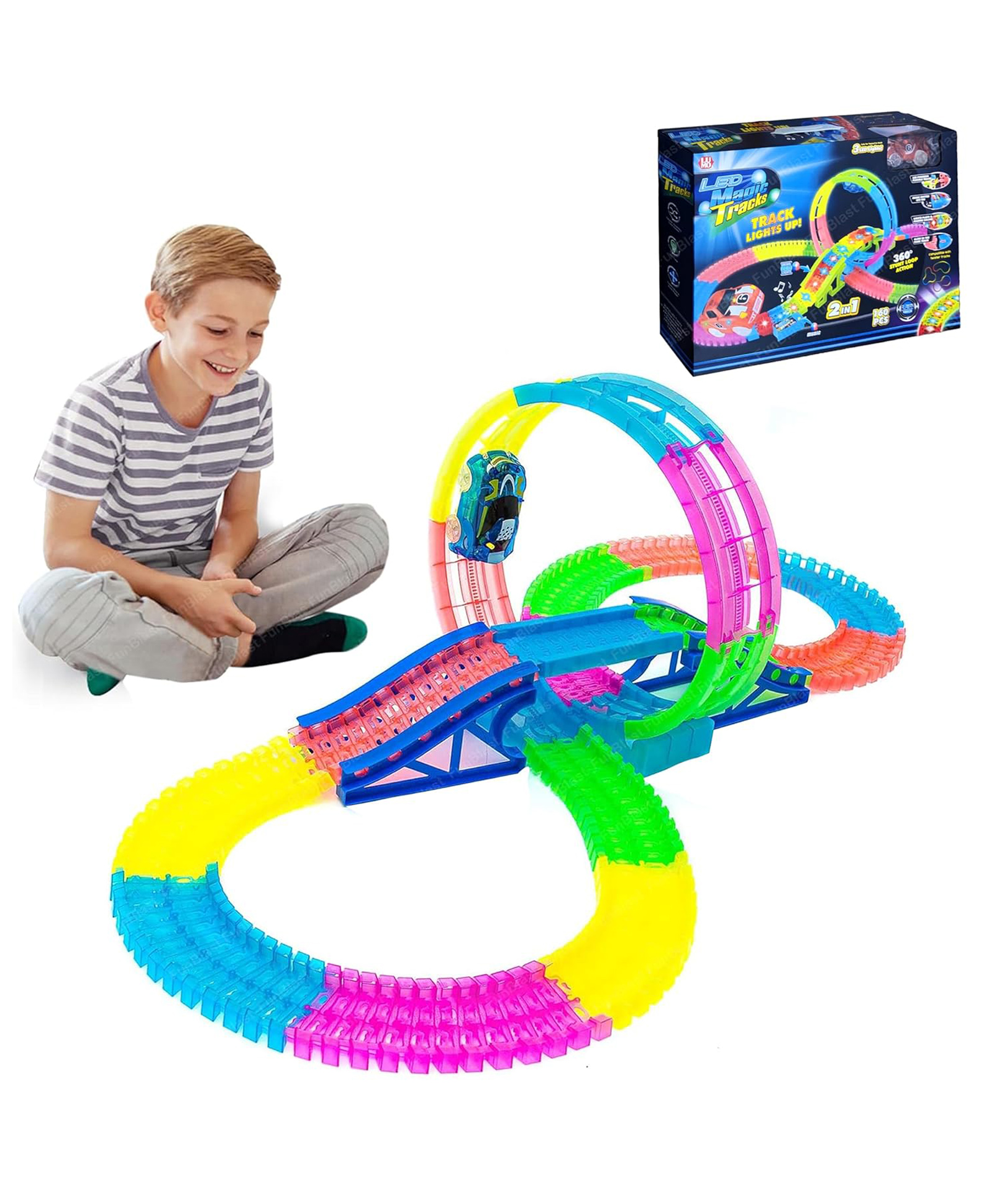 FunBlast Glow in The Dark Flexible Track Set Toy with LED Lights Racing Car  160 Pcs-image-47