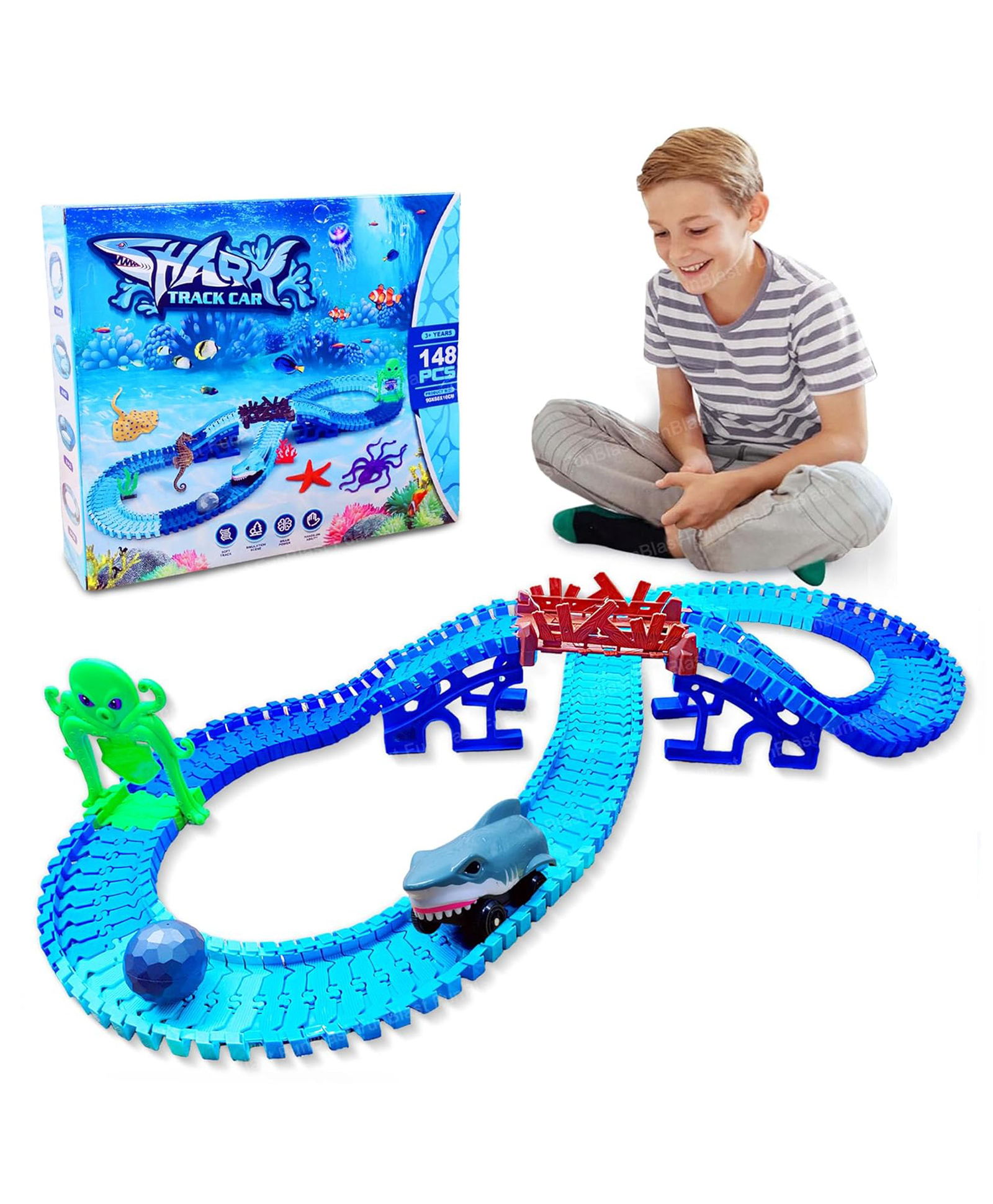 FunBlast Ocean World Theme Flexible Racing Track Toy Set with Racing Car  148 Pcs-image-24