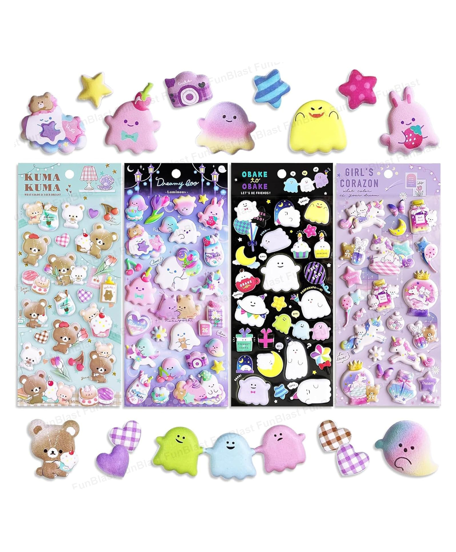FunBlast Cute Kawaii Puffy Stickers Set  Pack of 4 Sheets Multicolor-image-41