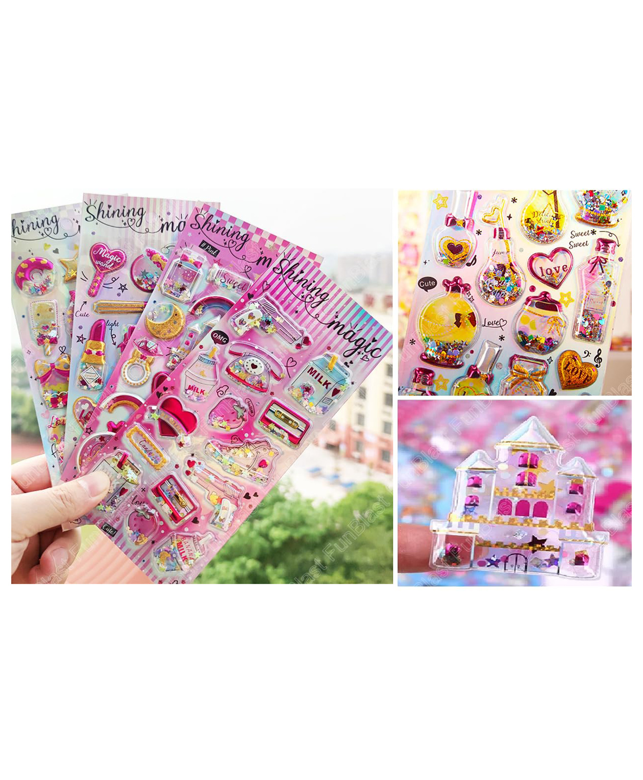 FunBlast Cute Kawaii Glitter Stickers Set  Pack of 6 Sheets Multicolor