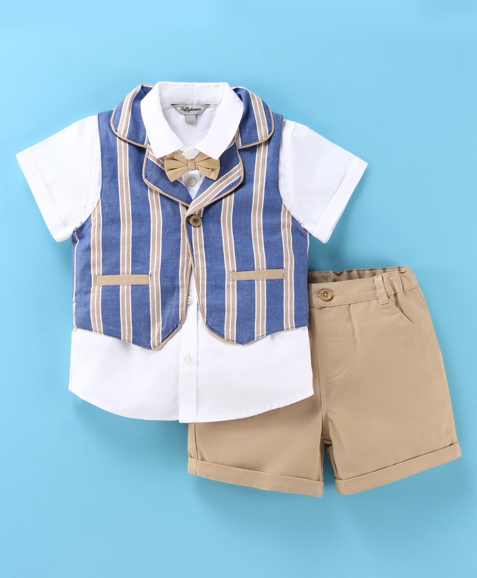 ToffyHouse Cotton Woven Half Sleeves Solid Colour Shirt & Shorts Set with Striped Waist Coat & Bow- Blue-picture-13