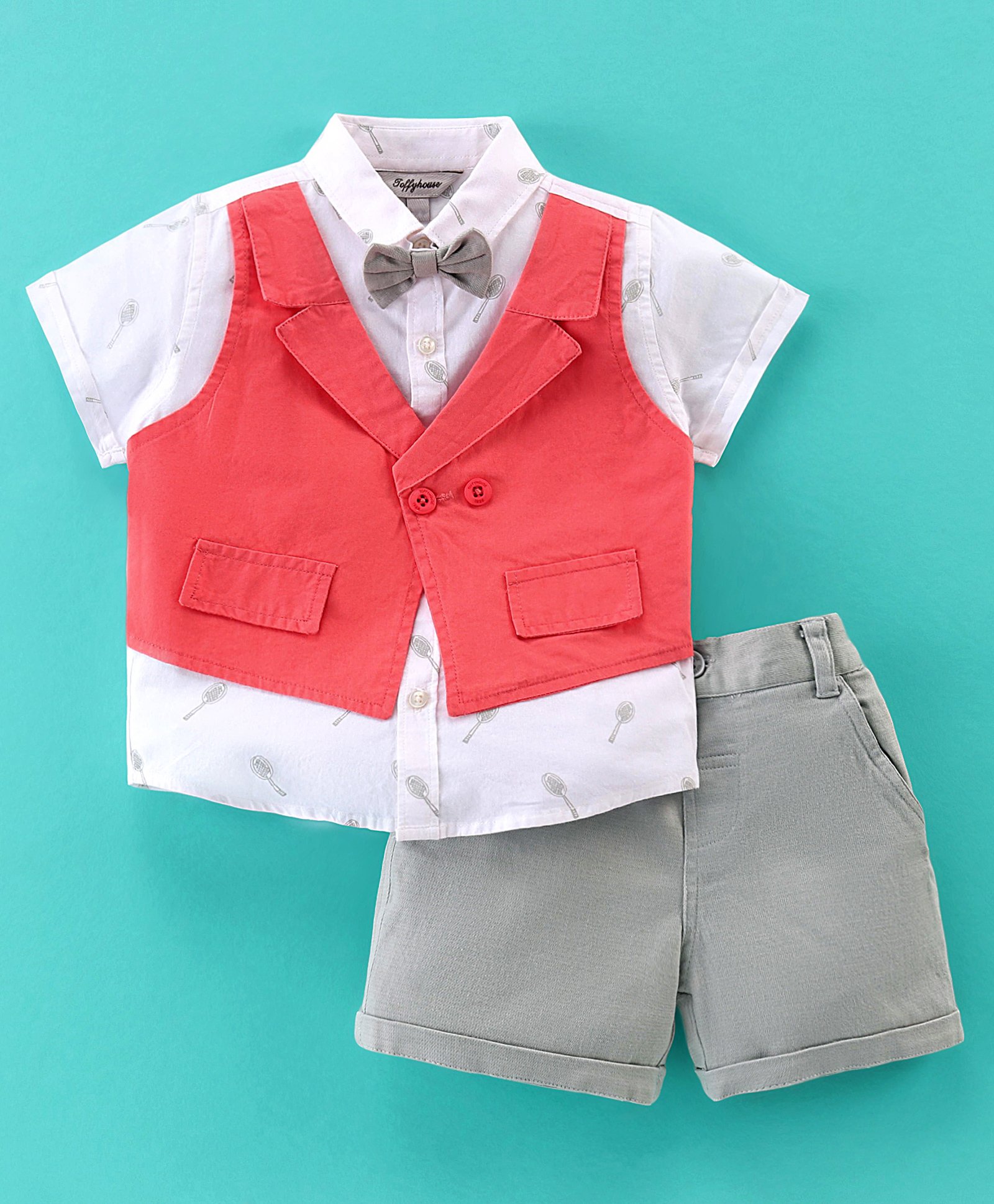 ToffyHouse 100% Cotton Woven Half Sleeves Party Shirt & Shorts Set with Attached Waistcoat & Bow - White & Red-image-19