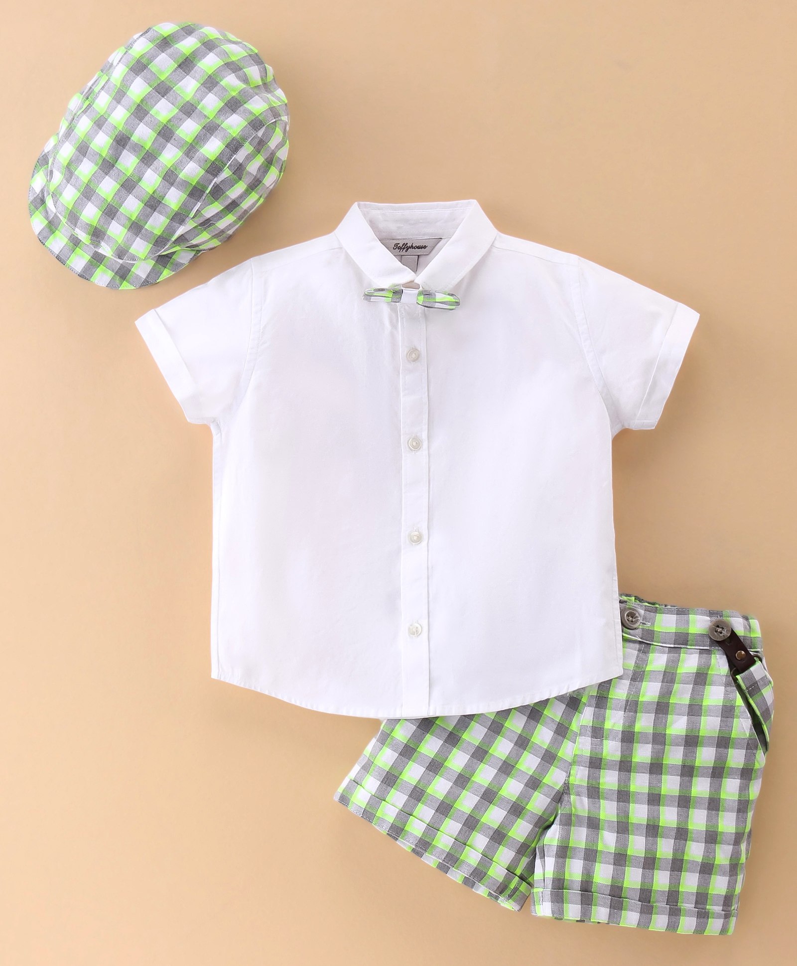 ToffyHouse Cotton Half Sleeves Solid Colour Shirt with Yarn Dyed Checks Shorts & Cap Set - Neon Green-image-48