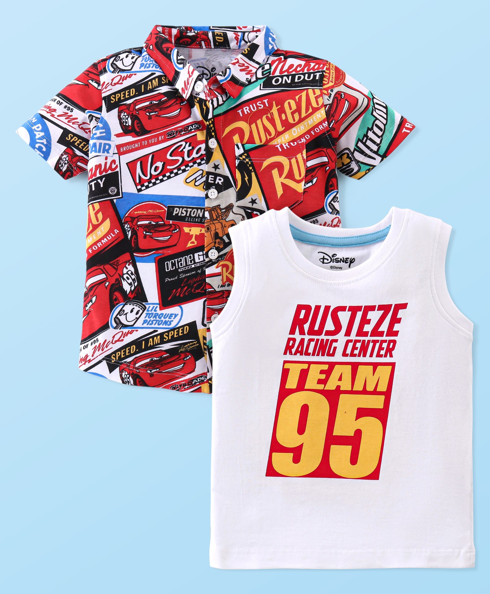 Babyhug Disney Cars 100% Cotton Knit Half Sleeves Regular Collar printed Shirt with Sleeveless T-Shirt- White & Red-image-35