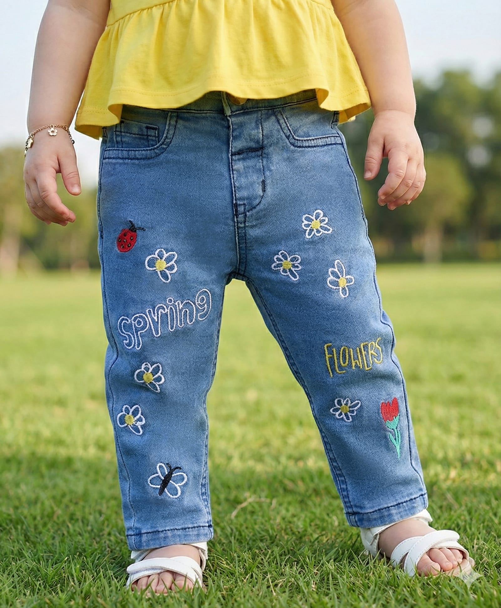 Babyoye Cotton Blend Full Length Jeans with Floral & Text Embroidered - Blue-picture-18
