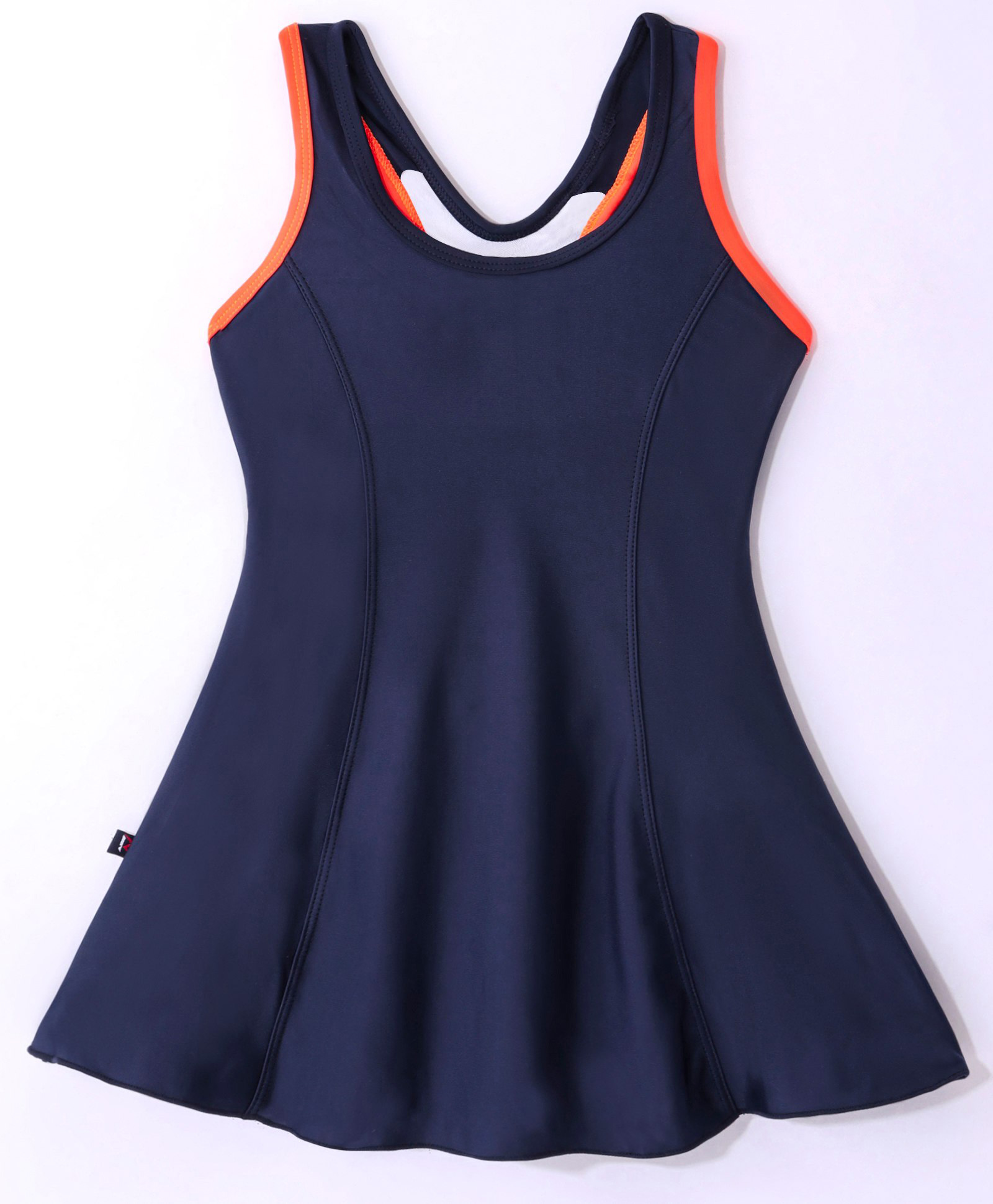 Rovars Cotton Lycra Sleeveless Frock Style Swimsuit - Navy Blue & Orange