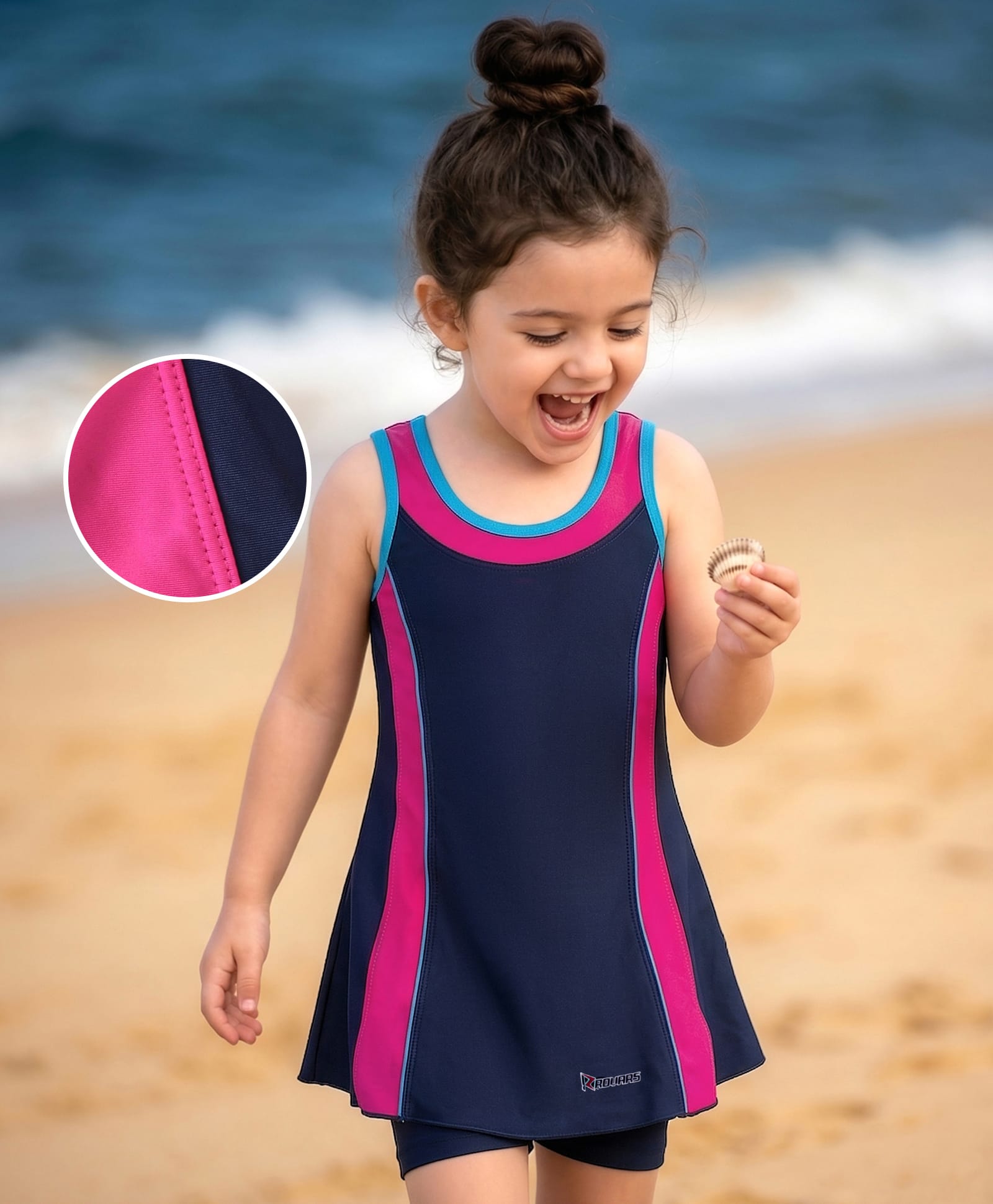 Rovars Cotton Blend Sleeveless Solid Color Frock Swimsuit - Pink & Navy Blue-image-6