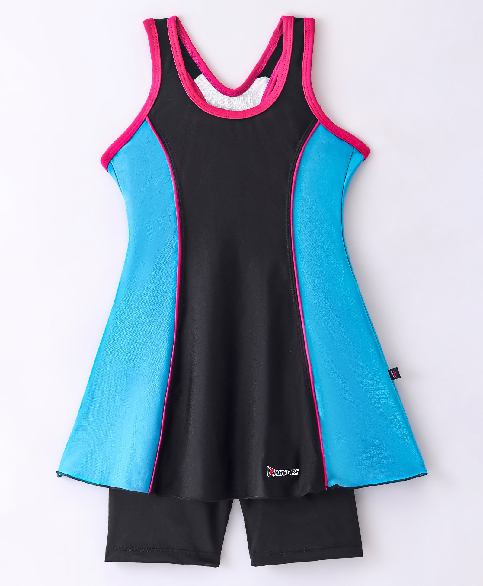Rovars Cotton Blend Sleeveless Solid Color Frock Swimsuit - Black & Teal Blue-image-17