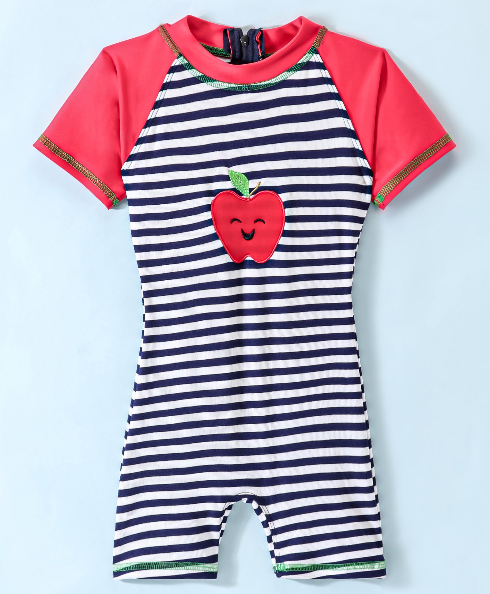 ROVARS Lycra Half Sleeves  Legged Swimsuit Striped & Apple Patch - Navy Red-image-19