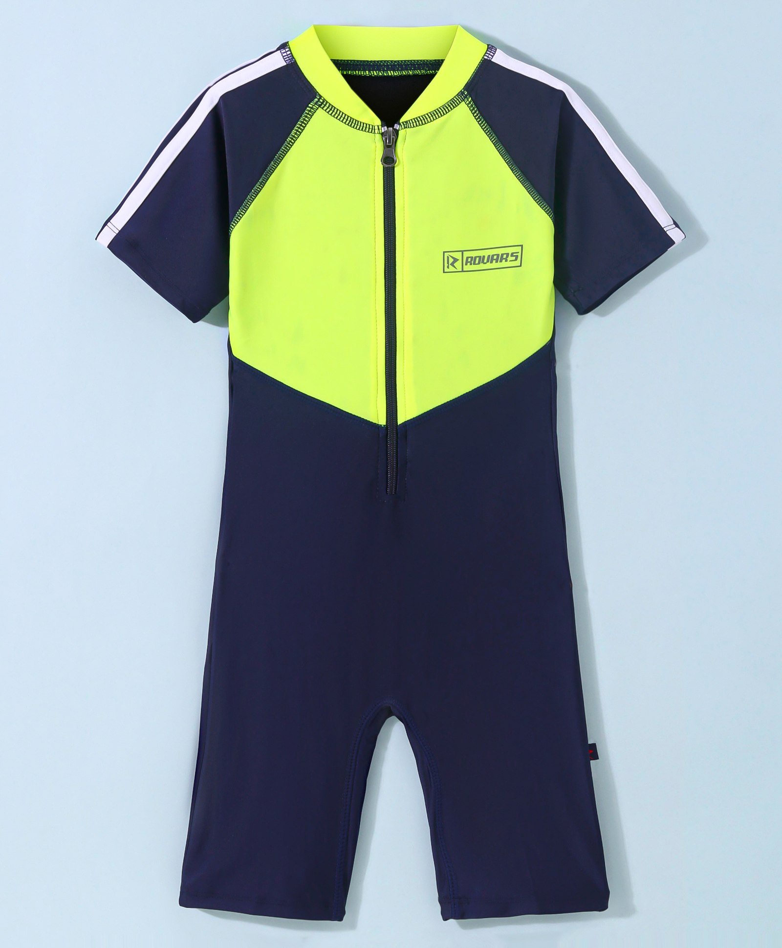 Rovars Cotton Lycra Half Sleeves Solid Color Legged Swimsuit - Lemon Yellow & Navy Blue-picture-18