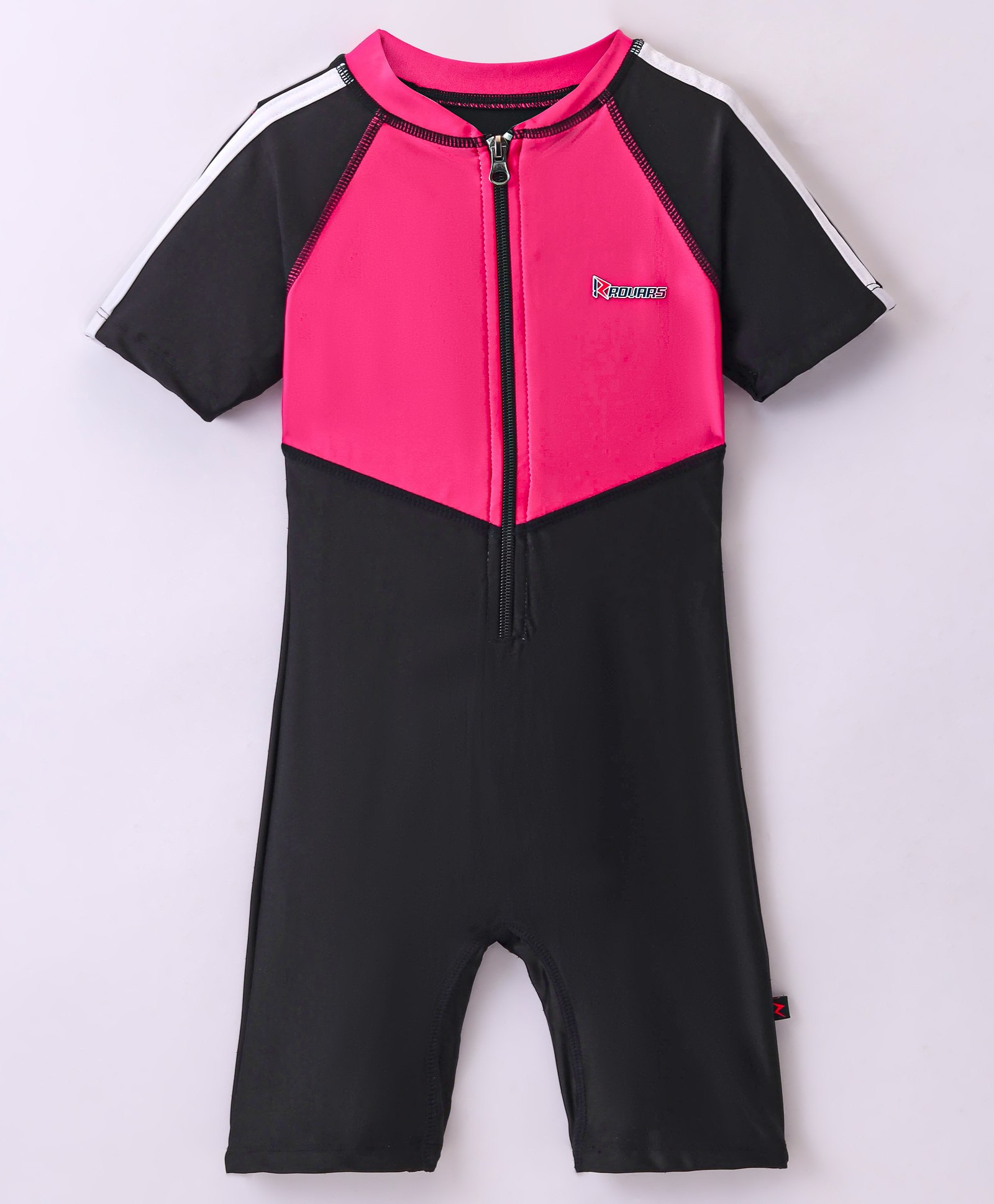 Rovars Cotton Lycra Half Sleeves Solid Color Legged Swimsuit - Pink & Black-image-8