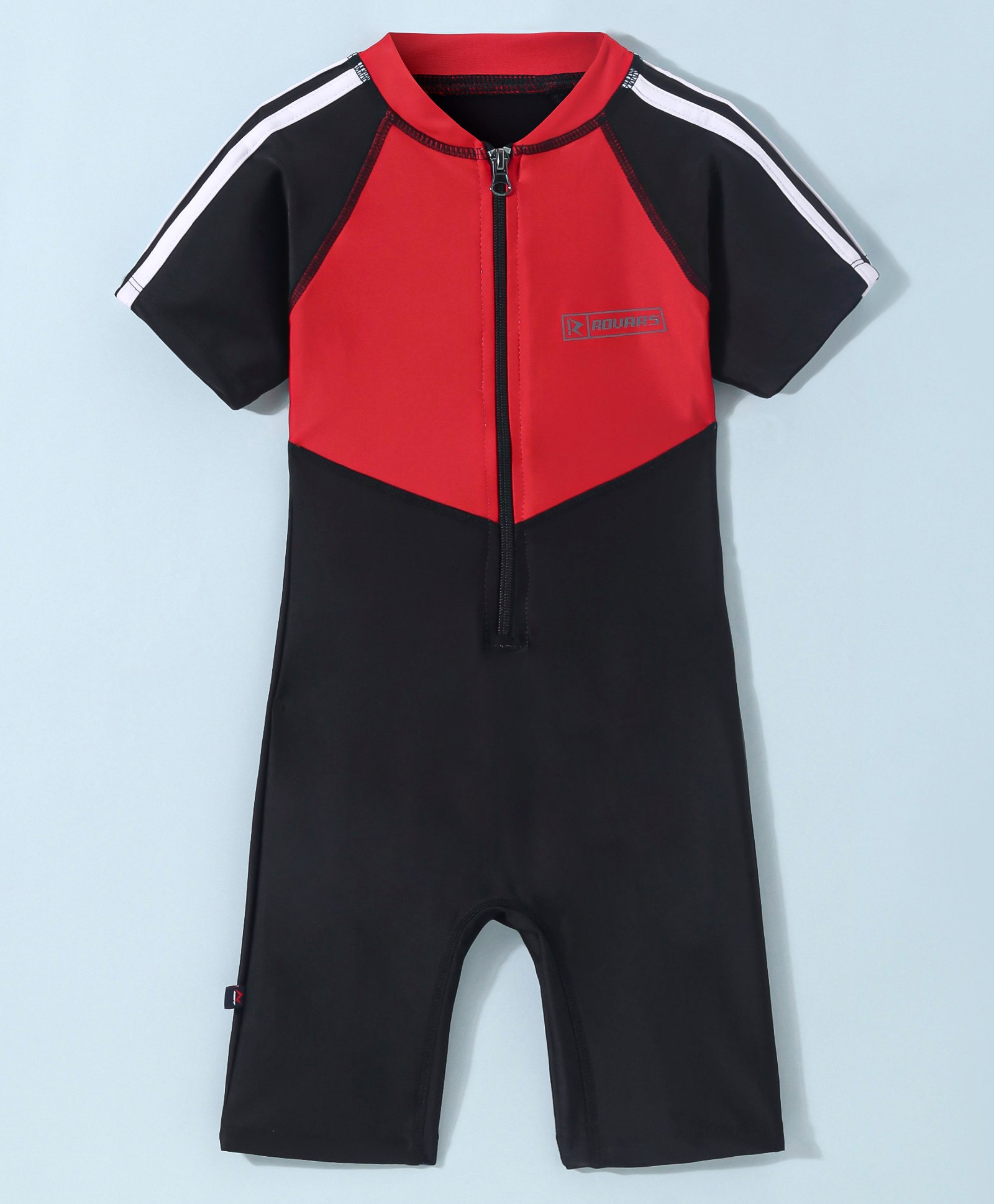 Rovars Cotton Lycra Half Sleeves Solid Color Legged Swimsuit - Red & Black-image-21