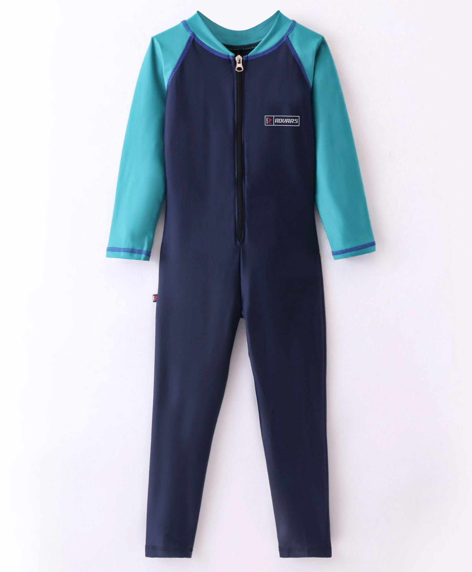 Rovars Cotton Lycra Full Sleeves Solid Color Body Swimsuit - Navy Blue & Green