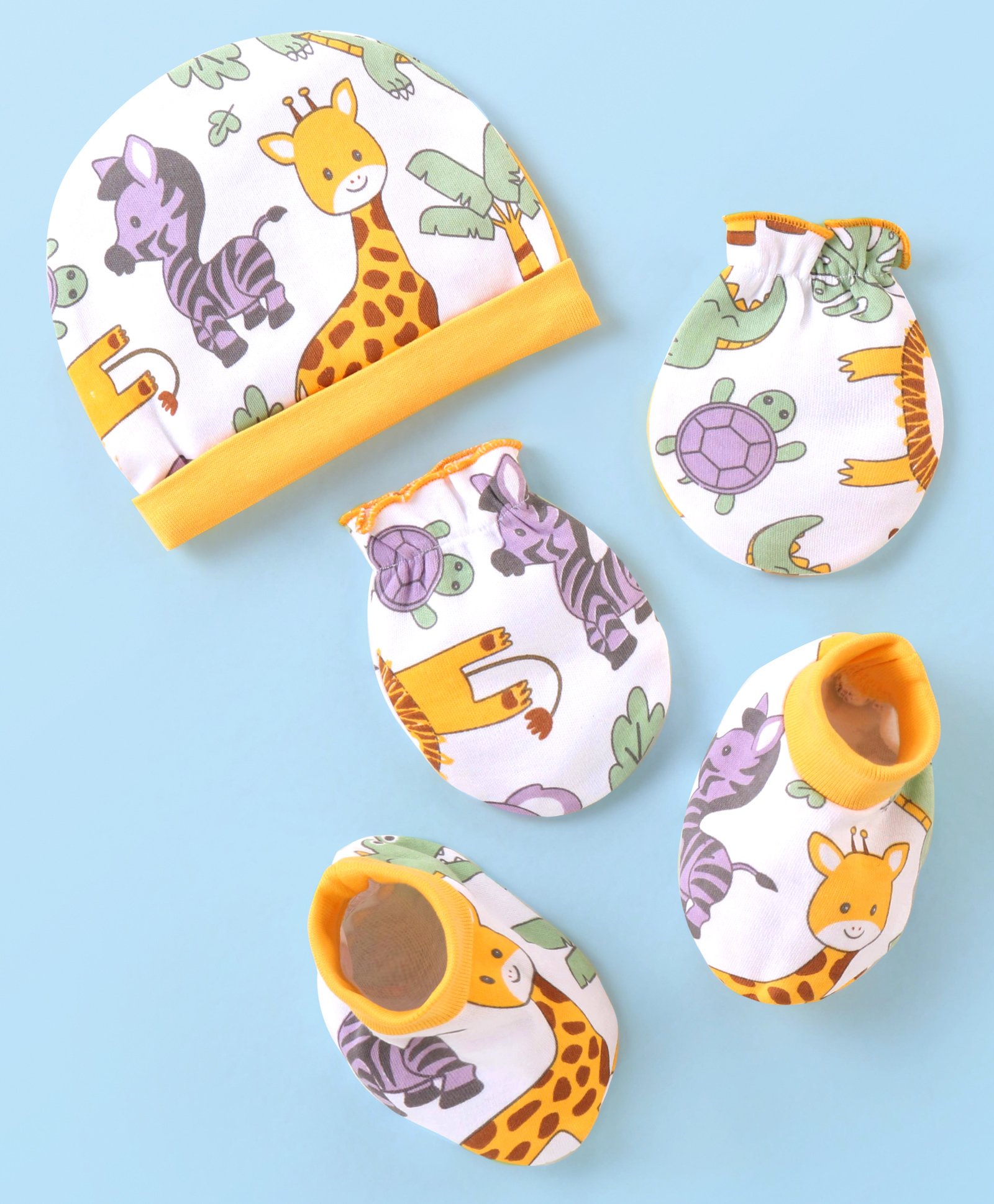 Babyhug 100% Cotton Cap Mittens & Booties Animal Print - Multicolour-image-24