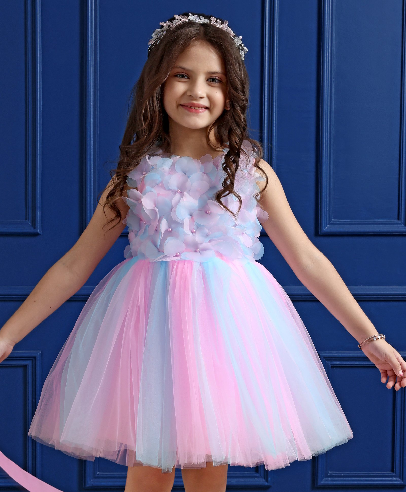 Mark & Mia Sleeveless Party Frock With Floral Petal Applique - Pink & Blue-image-11