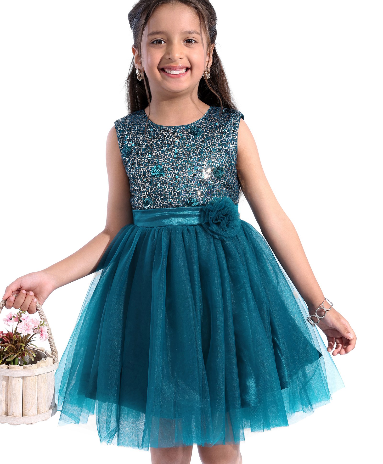 Mark & Mia Sleeveless Knee Length Party Dress with Sequin Detailing & Floral Corsage - Green-image-25