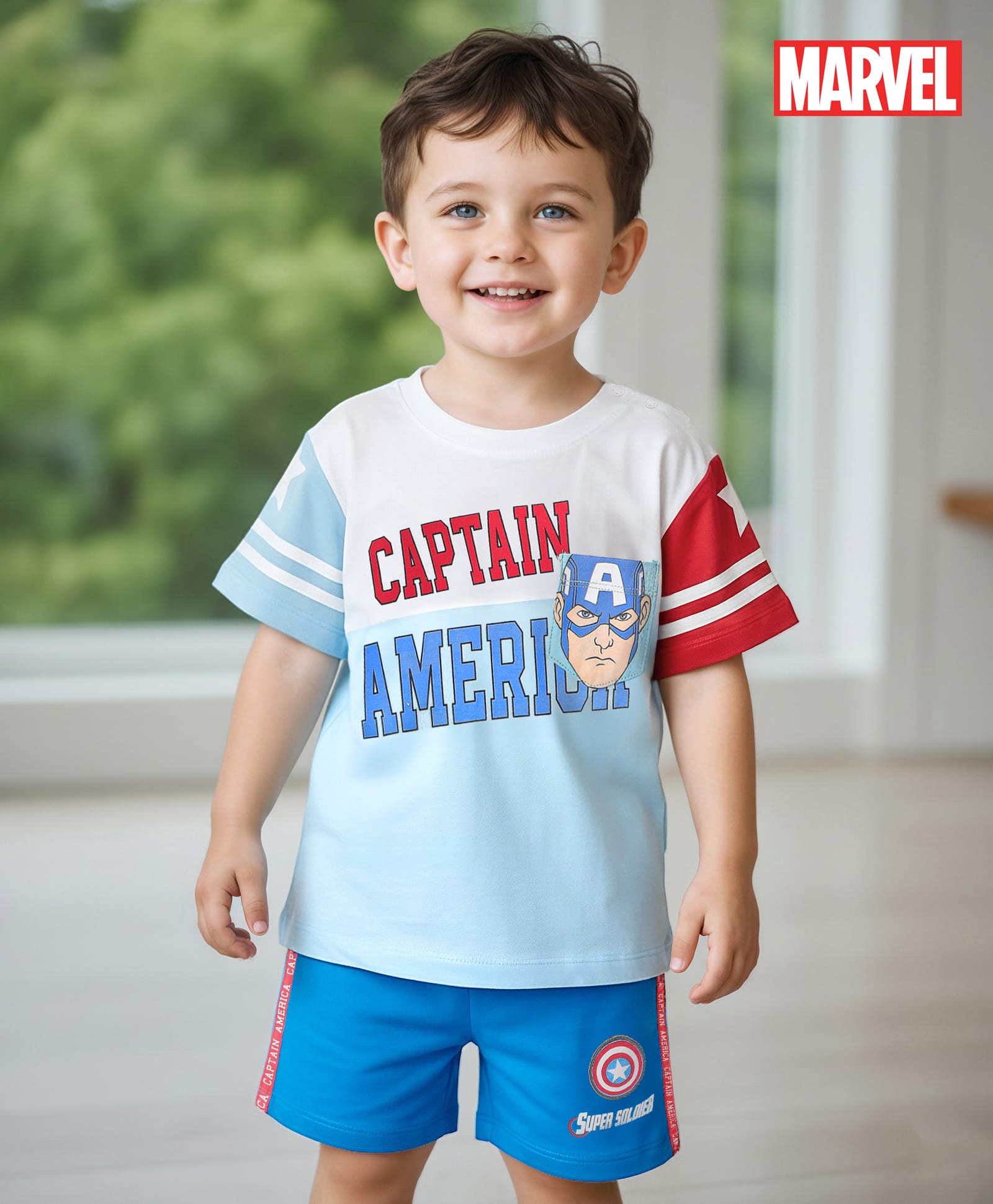 Babyhug Marvel 100% Cotton Knit Half Sleeves T-Shirt & Shorts With Avengers Graphics  - Blue & White-image-14