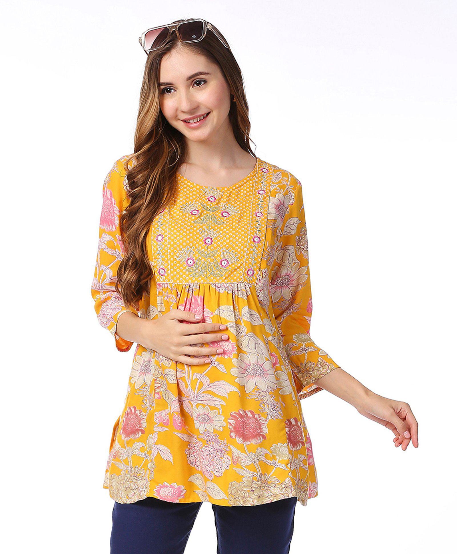 Bella Mama Woven Embroidered Yoke With Three Fourth Sleeves Maternity Top - Yellow-image-48