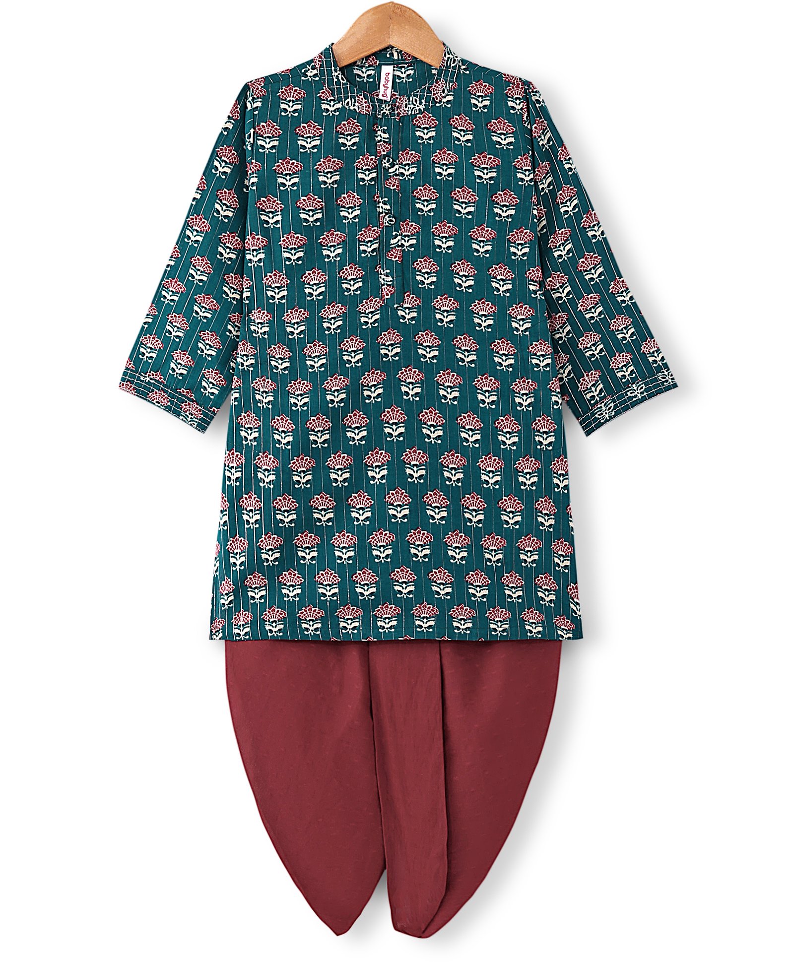 Babyhug 100% Cotton Woven Full Sleeves Kurta & Dhoti Set With Ikat Print - Green & Maroon-picture-11