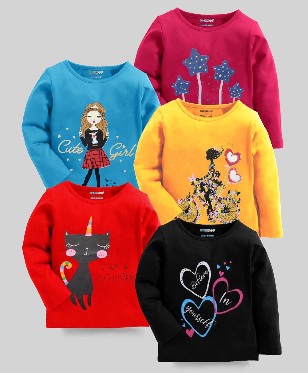 KUCHIPOO Pack Of 5 Full Sleeves Girl Heart & Text Printed Tees - Multi Colour-picture-16