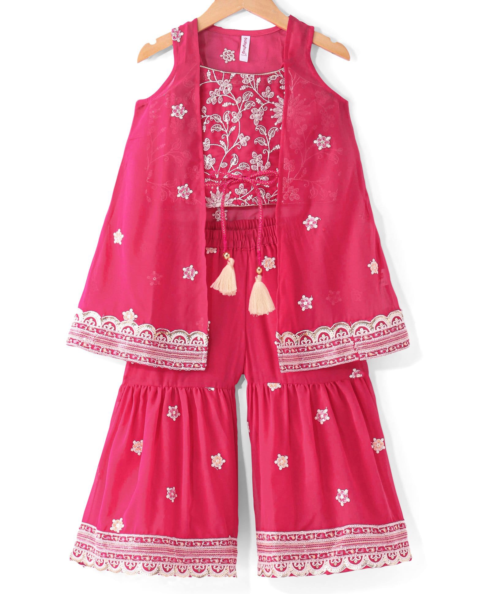 Babyhug Sleeveless  Top With Sharara & Floral Embroidered Jacket Set - Pink-picture-22