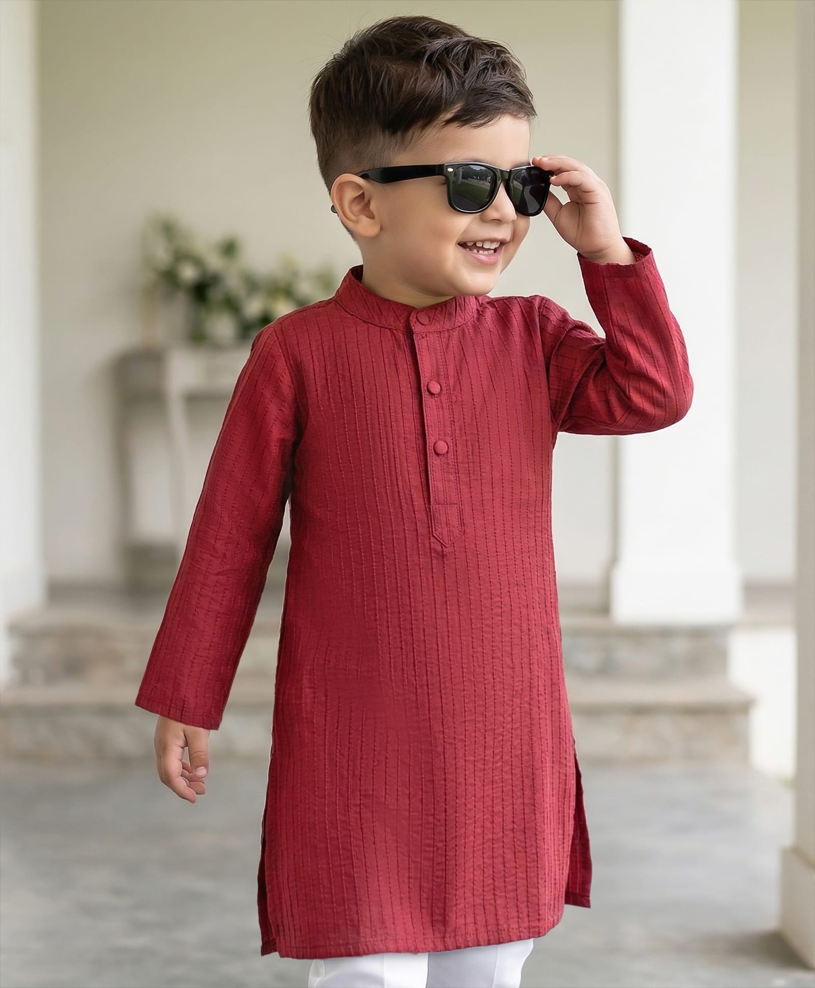 Babyhug 100% Cotton Woven Pin Tucked Kurta Solid Colour - Maroon-image-24