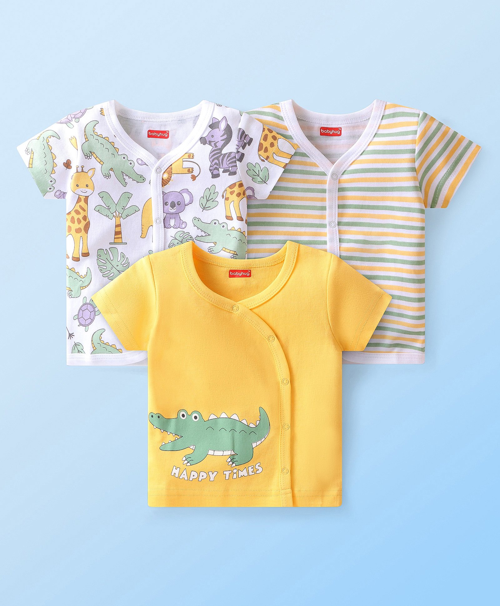 Babyhug 100% Cotton Knit Half Sleeves Front Open Vest Stripes & Jungle Safari Theme Pack of 3 - Yellow White & Green