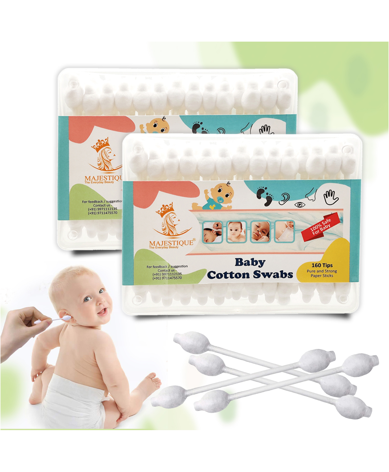 Majestique Baby Safety Cotton Swab Paper Organic Soft & Gentle Tip for Cleaning & More - 80-Swabs each for Baby - Pack of 2-image-27